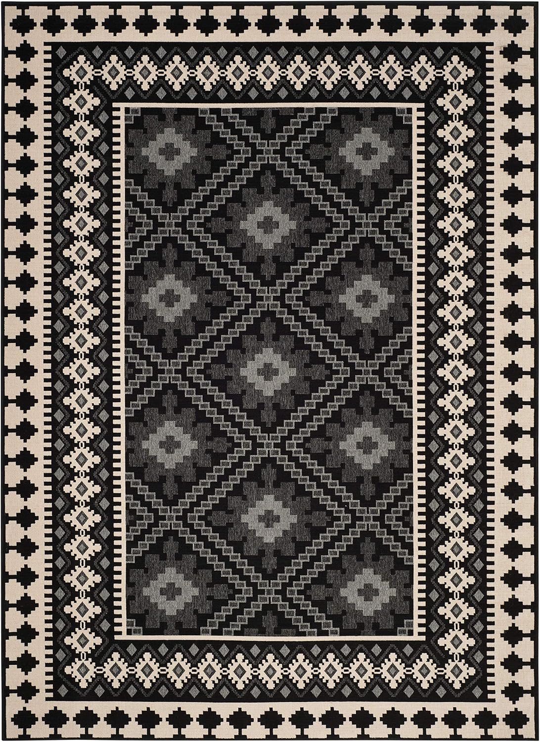 SAFAVIEH Washable Rug Outdoor Veranda Collection - 8' x 11', Black & Cream, Non-Shedding & Easy to Clean, Ideal for Patio, Backyard, Mudroom (VER099-0421)
