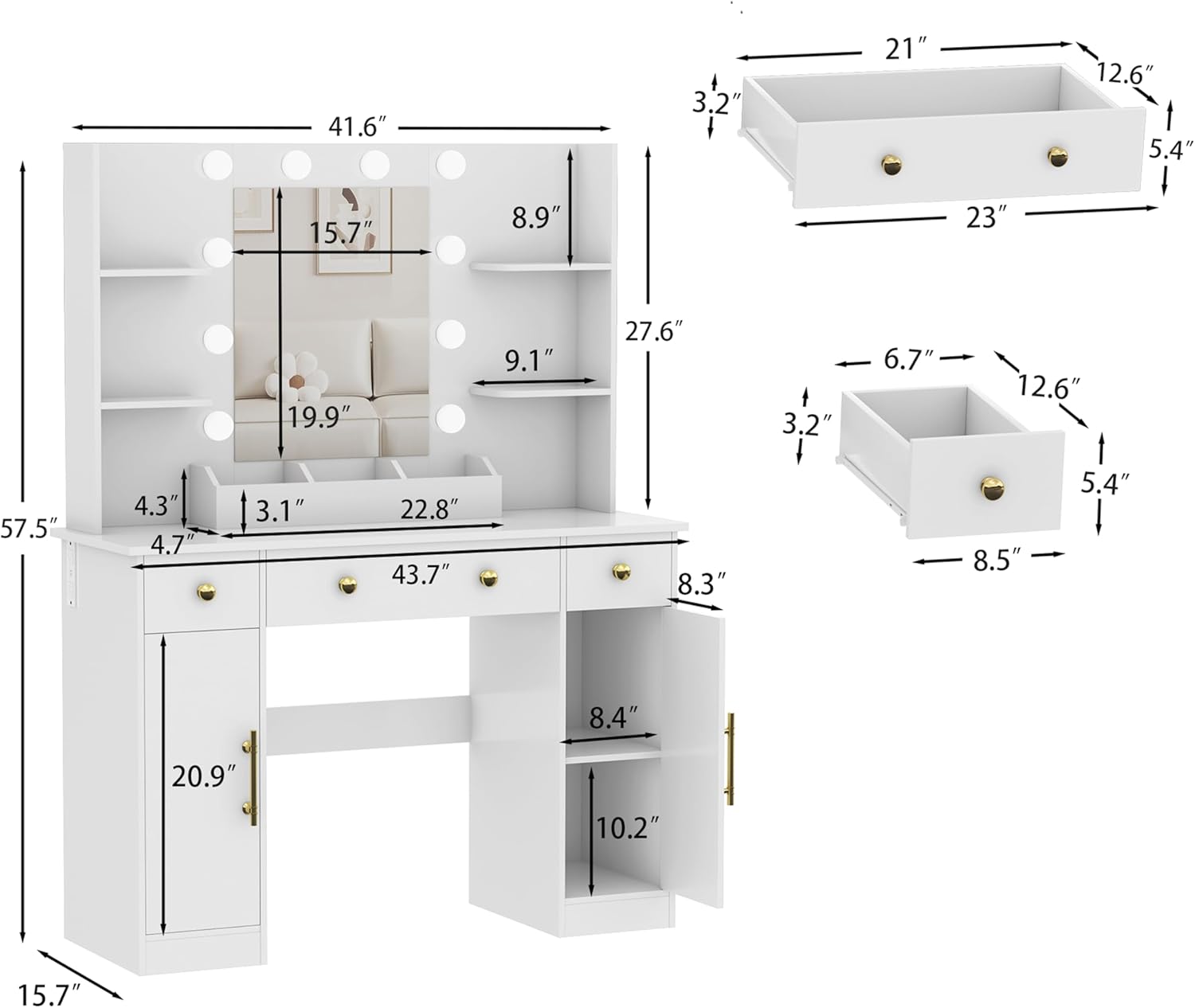HUANLEGO Vanity Desk with Mirror and Lights, Makeup Vanity with Mirror and LED Lights & Power Outlet, 3 Drawers and Cabinets, 3 Lighting Modes Dressing Table Set for Girls Women Bedroom, White