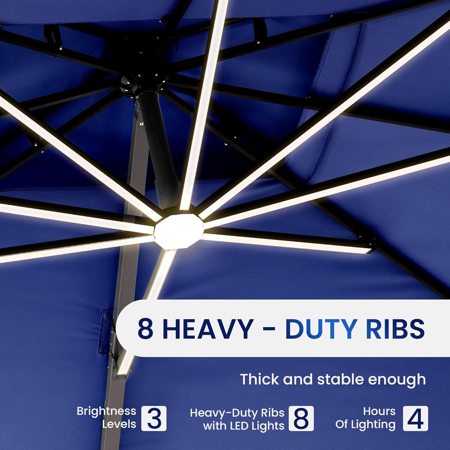 10 X 13 FT Cantilever Patio Umbrella with LED Lights Outdoor Heavy Duty Double Top Windproof Rectangle Offset Umbrellas with 360-degree Rotation for Pool Deck Backyard, Navy