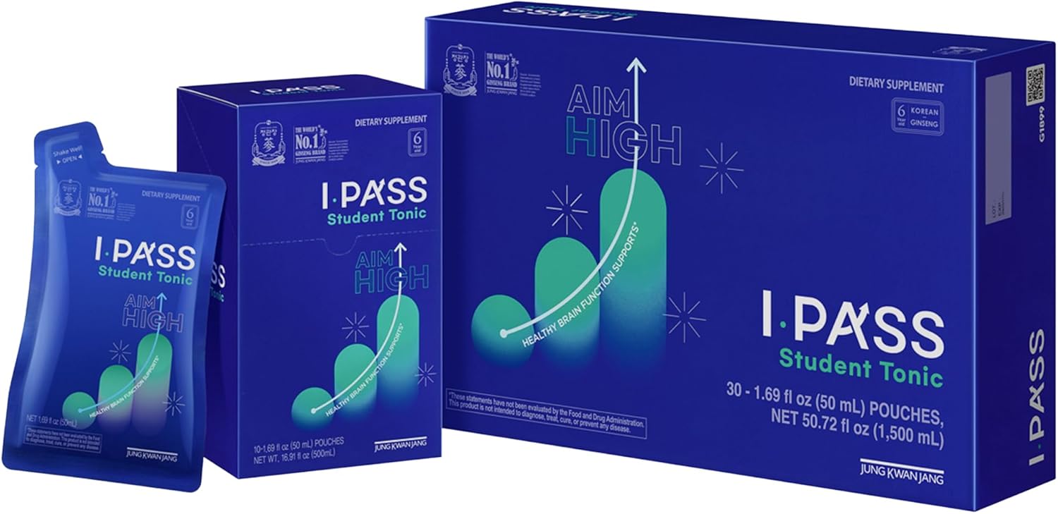 JUNG Kwan Jang iPass Student Tonic - Adaptogen Energy Drink Supplement with Korean Red Ginseng, Jujube, Astragalus & Angelica - Daily Support for School and Activities (30 Pouches, 1.69 fl oz)
