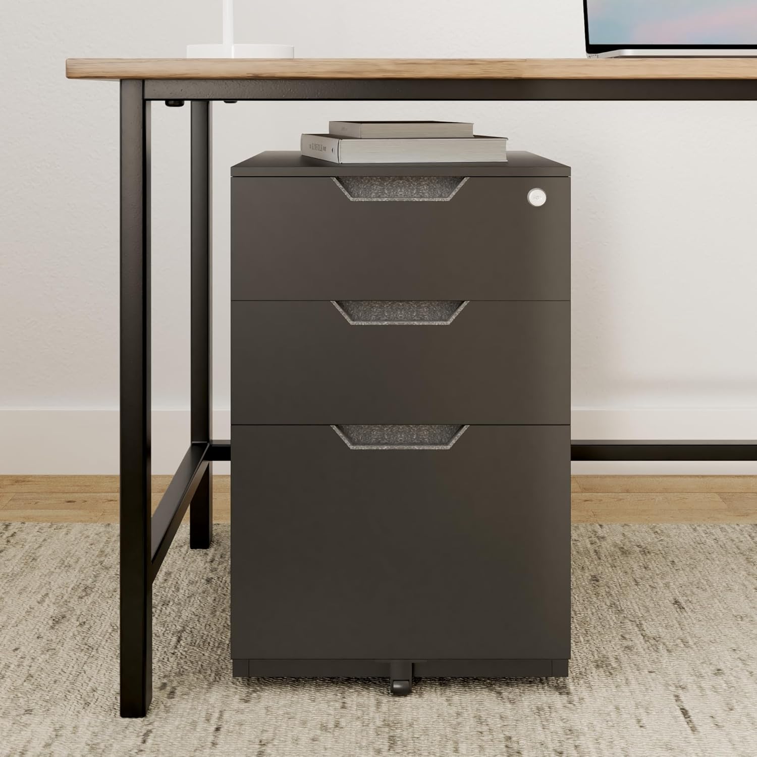 Amazon Basics 3-Drawer Mobile File Cabinet with Lock, Rolling Filing Cabinet for Hanging Files, Black, 20.71