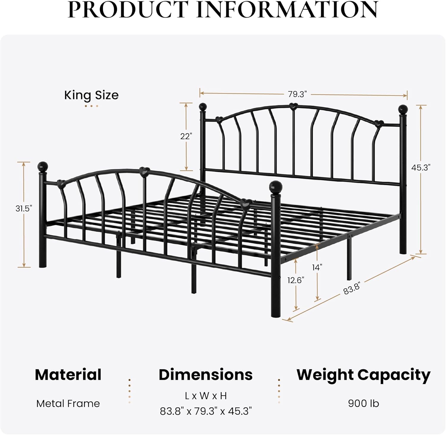 SHA CERLIN 14 Inch King Size Metal Platform Bed Frame with Heart Shaped Iron-Art Headboard/Footboard, Under Bed Storage, Noise Free Mattress Foundation, No Box Spring Needed, Easy Assembly, Black