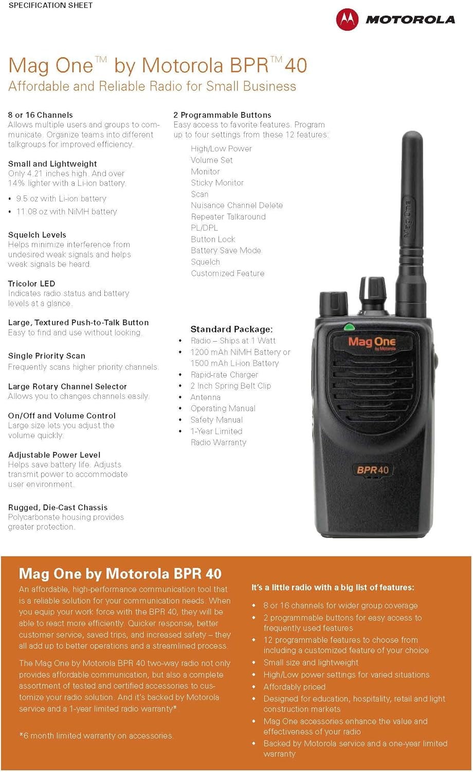 BPR40 Mag One by Motorola VHF(150-174 MHz) 8 Channel 5 Watts Model Number AAH84KDS8AA1AN - Requires Programming