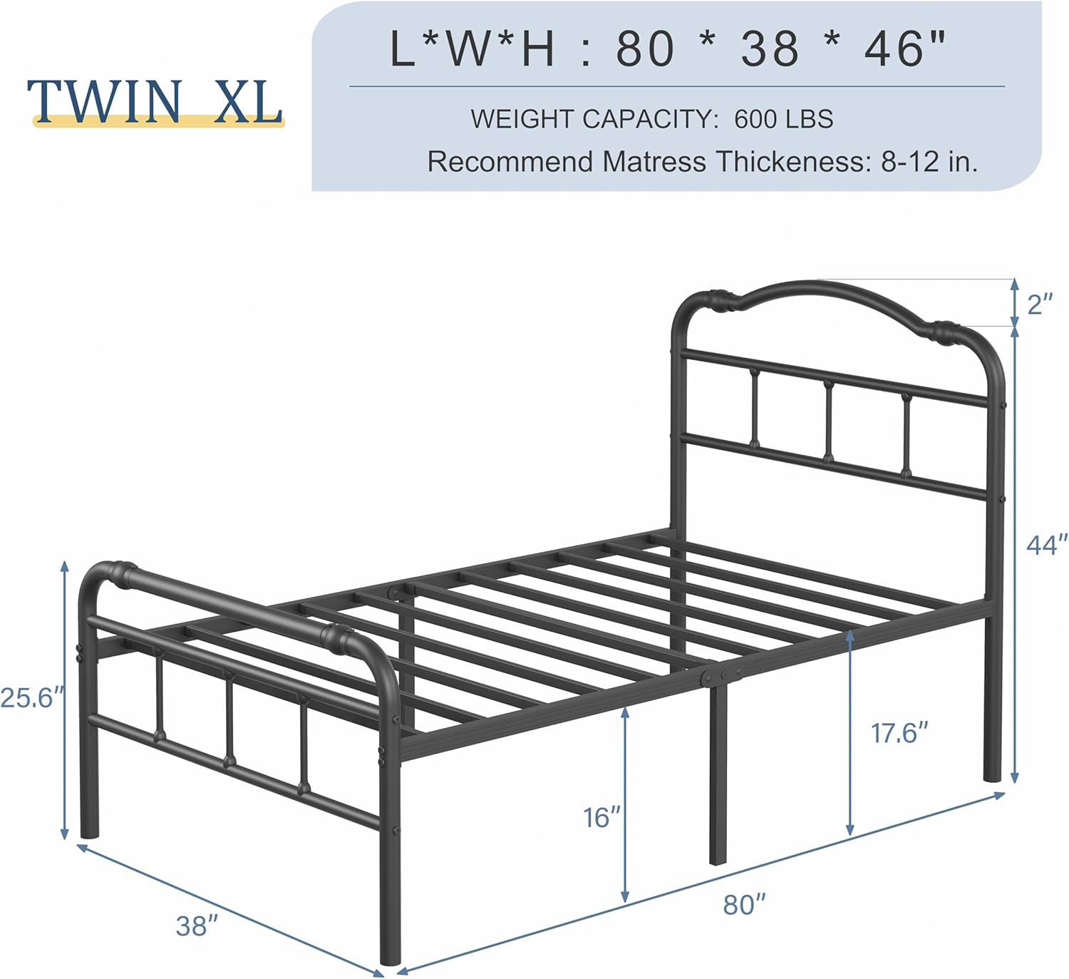 BOSRII 18 Inch Twin XL Metal Bed Frame with Headboard and Footboard Heavy Duty Platform Bed Vintage Iron Wrought Frames Steel Slats, Easy Assembly, No Box Spring Needed, Noise Free, Black