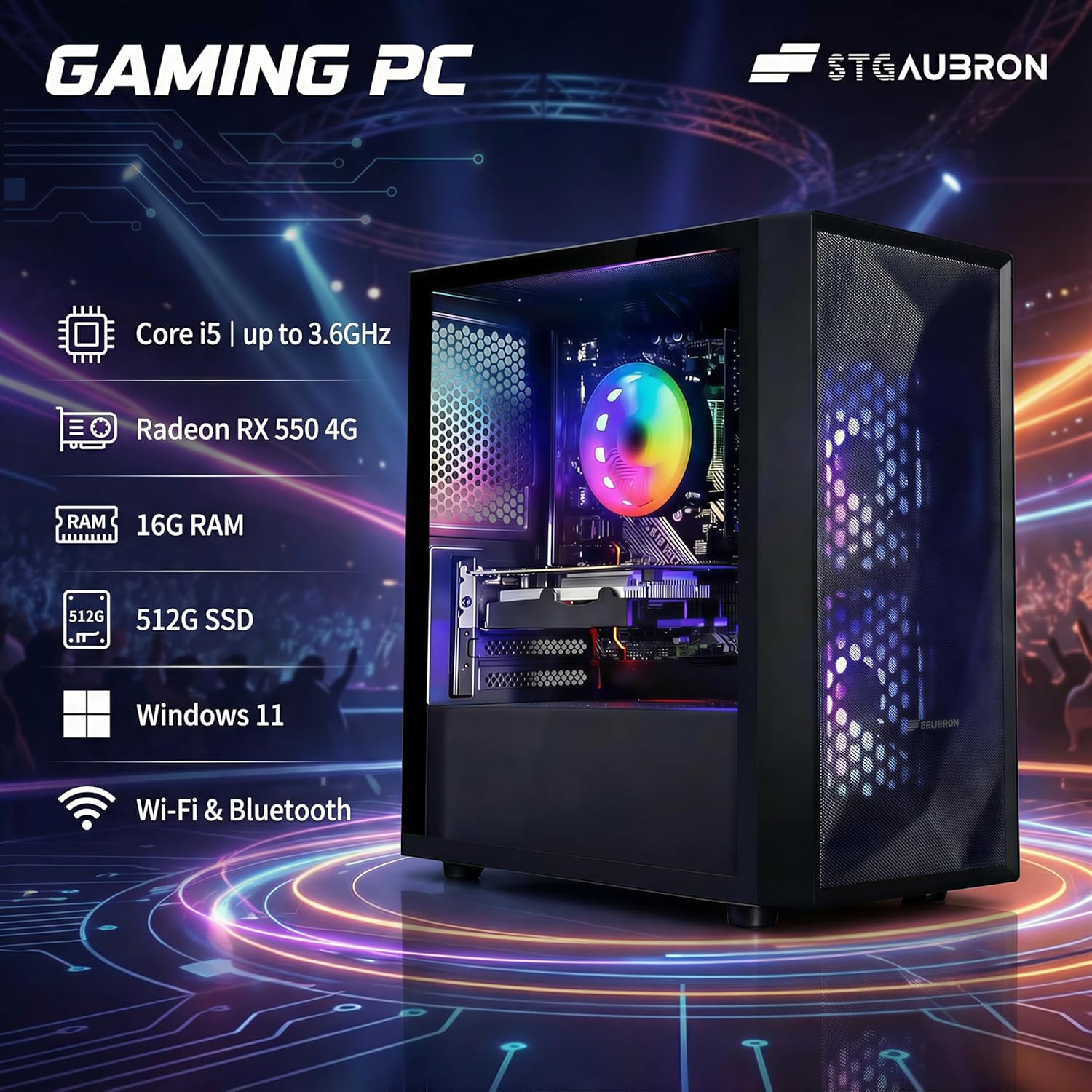 STGAubron Gaming PC Bundle with 24 Inch FHD LED Monitor- Intel Core i5 up to 3.6G, Radeon RX 550, 16G RAM, 512G SSD, RGB Fan x2, Windows 11 Home