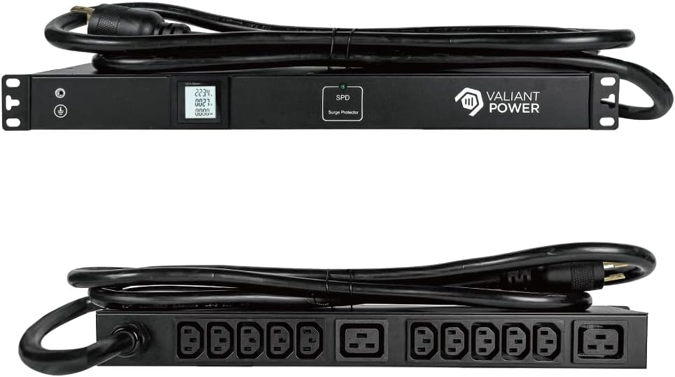 Rack Mount Power Strip - 240V 30A 2C19 & 10 C13 outlets PDU with 20,000 amp Surge Protector, Volt & Amp Meter for Data Center & IT use - 19” Metal Housing, Ears & Fittings Included Valiant Power Co