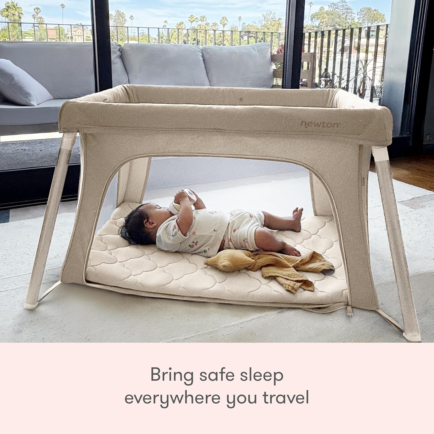 Newton Baby Compact Travel Crib & Play Yard | Breathable & Washable Mattress, Foldable Carry-On Size, Backpack Straps, Sand, Newton Bassinet Attachment NOT Included or Compatible