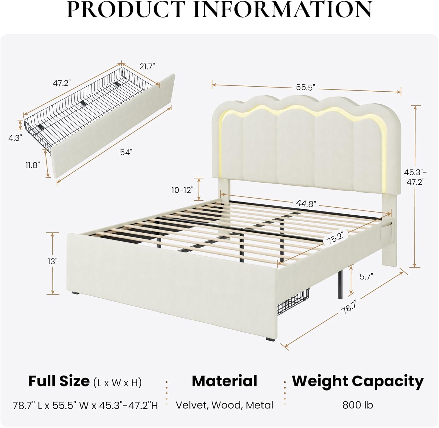 SHA CERLIN Upholstered Full Size Bed Frame with LED Lights and Large Storage Drawer, Velvet Platform Bed with Adjustable Wavy Headboard, Noise Free, Easy Assembly, No Box Spring Needed, Soft Cream