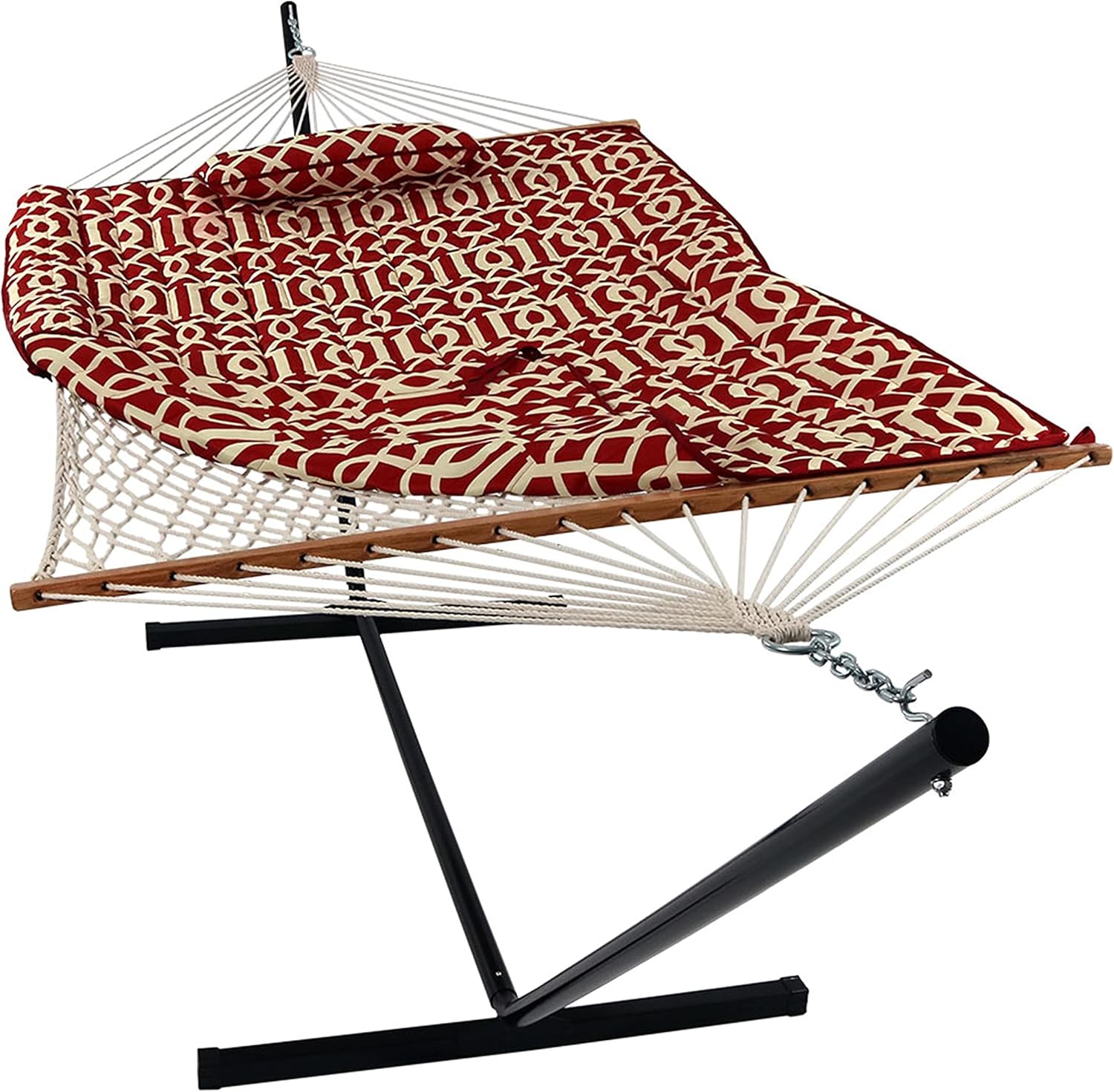 Sunnydaze Rope Hammock with Stand for Outside - Heavy Duty Freestanding Portable Outdoor Hammock Set with Quilted Pad, Pillow, and 12-Foot Steel Frame - 275 lb Capacity - Royal Red