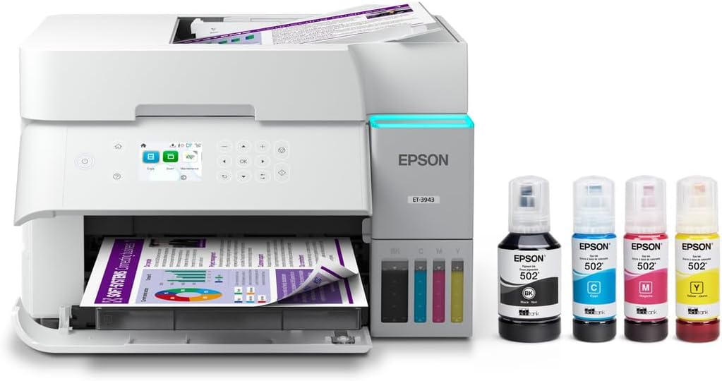 Epson EcoTank ET-3943 Wireless All-in-One Color Supertank Printer, Refillable Tanks, 2.4
