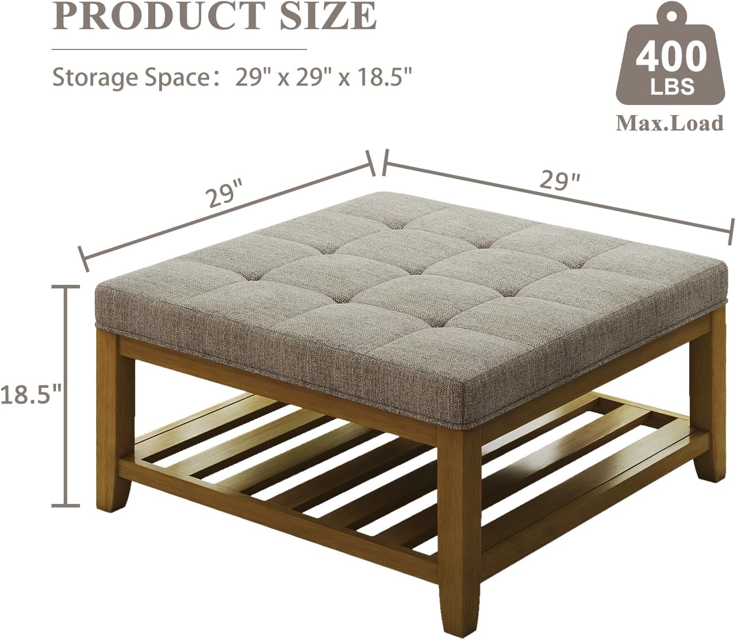 Befurtori Large Square Ottoman Coffee Table, Linen Solid Upholstered Footrest Ottoman with Solid Wood Shelf Storage Tufted Coffee Table for Bedroom Living Room, Linen