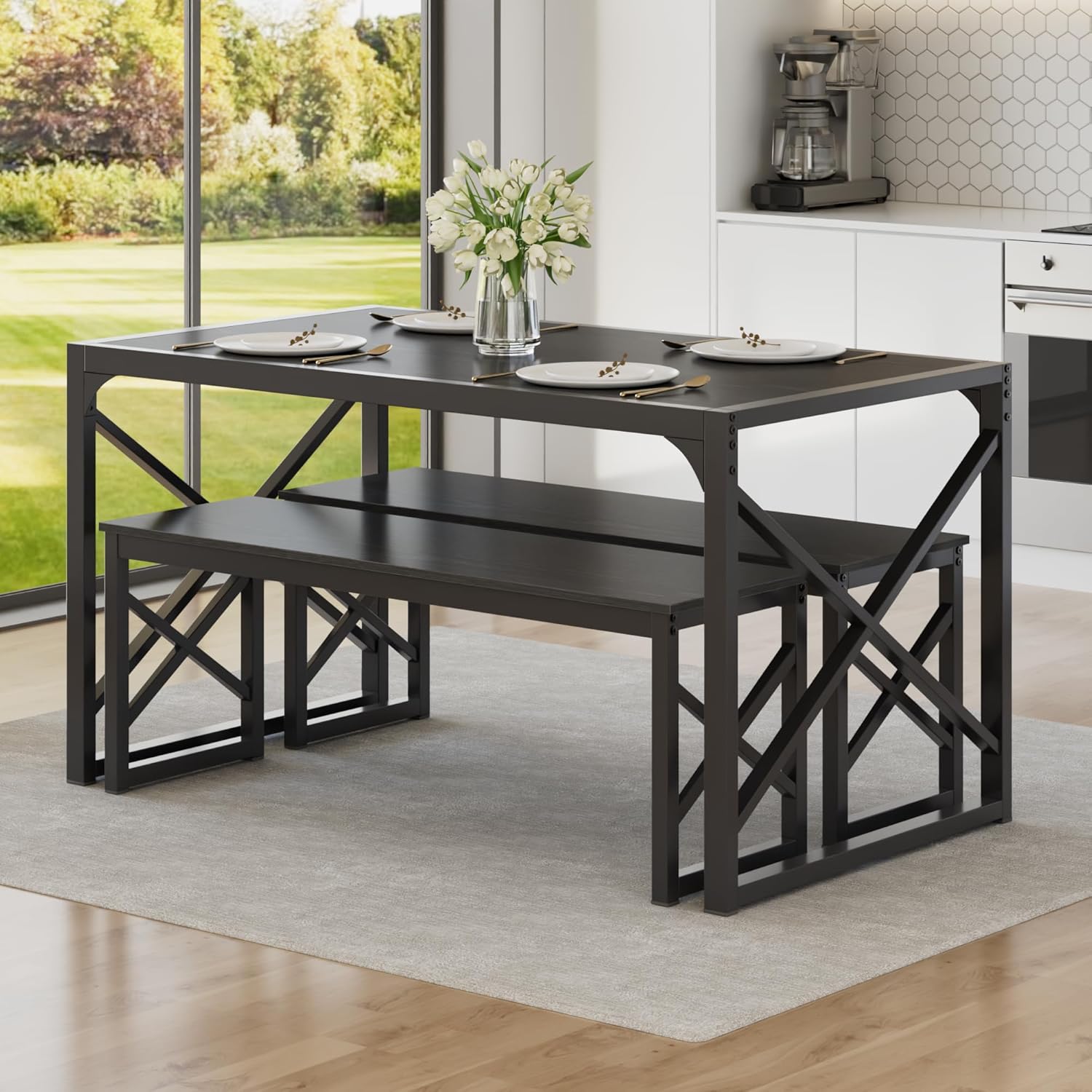VECELO 55” Kitchen Dining Table Set for 4, Heavy-Duty Steel Frame & Wood-Grain Tabletop, Space-Saving Dinette Sets with 2 Benches for Breakfast Nook and Small Space, Black