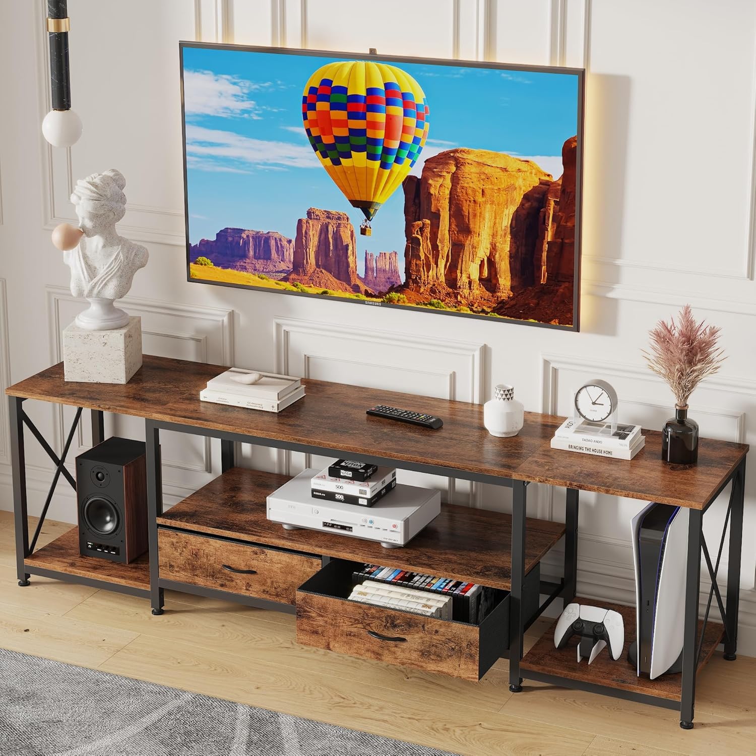 GYIIYUO TV Stand with Fabric Drawers for 65 70 75 Inches TV - Entertainment Center and Industrial TV Console Table with Open Storage Shelves for Living Room, Bedroom - 63