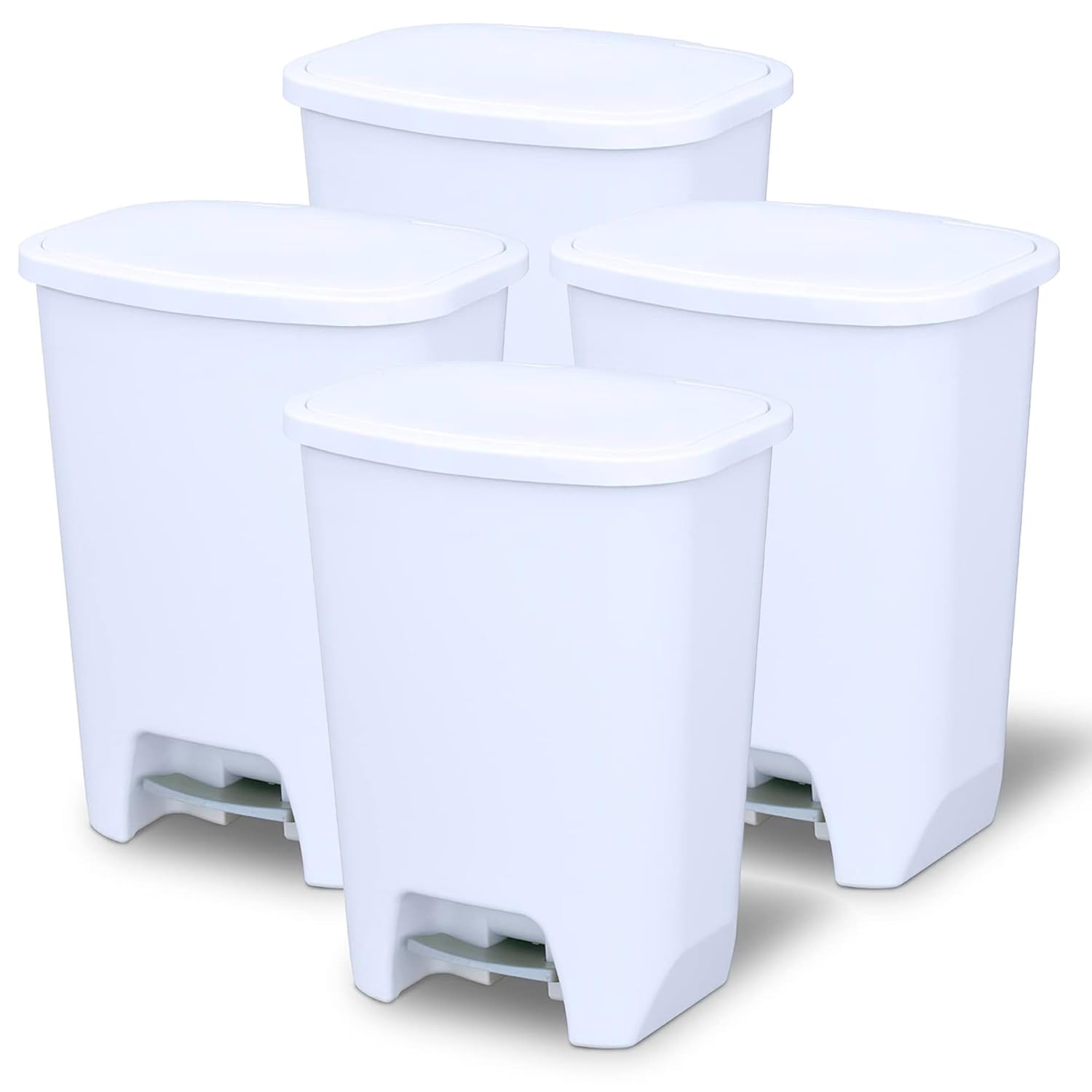 Glad 4 Pack 20 Gal Trash Can - Plastic Kitchen Waste Bin with Odor Protection of Lid - Hands Free with Step On Foot Pedal and Garbage Bag Rings, White