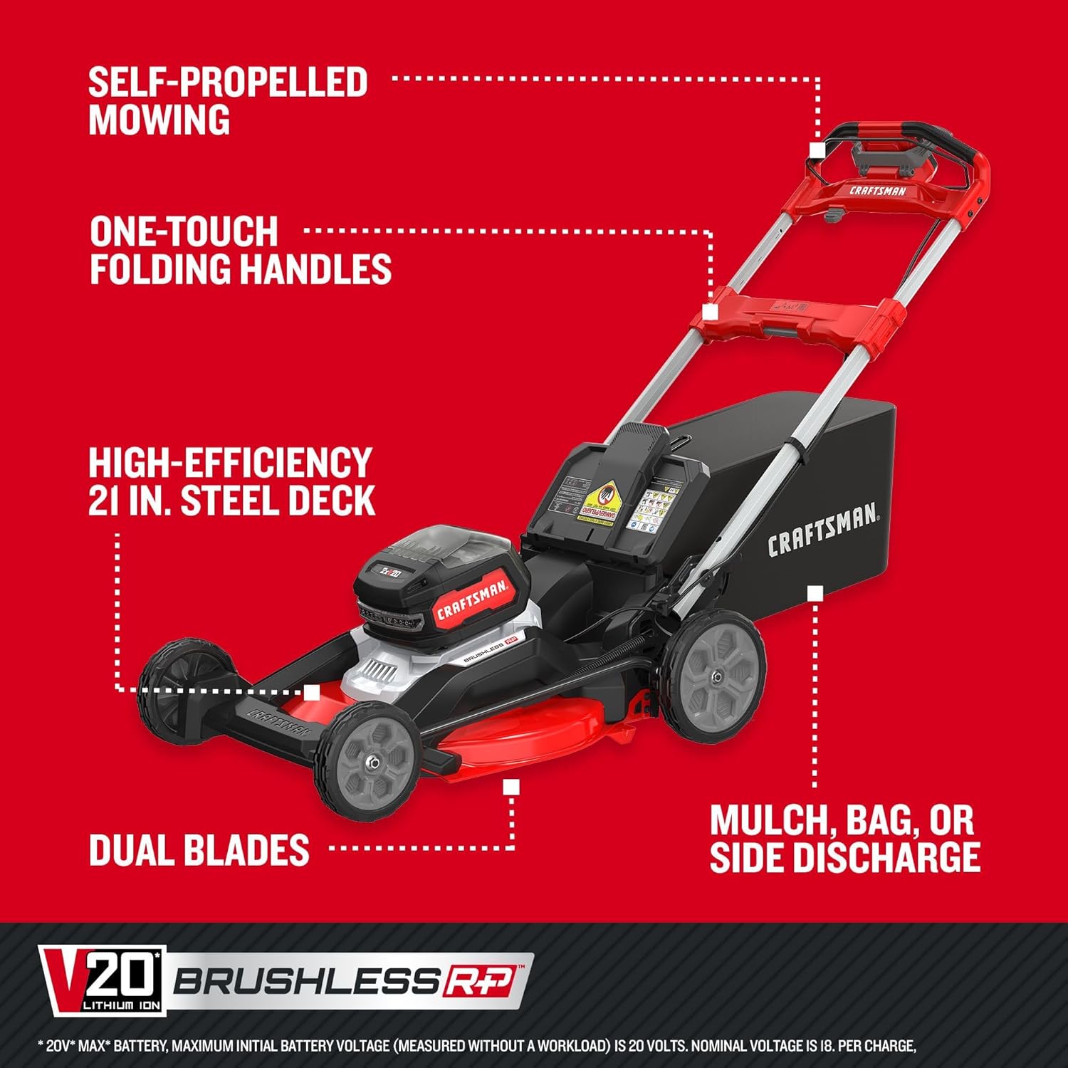 CRAFTSMAN V20 BRUSHLESS RP 21 in Rear Wheel Driver Mower, 2 x 9Ah Batteries and 2 Chargers Included, Up to 70 Min of Runtime, Self-Propelled, LED Headlights, Dual Blades (CMCMWSP320X2)