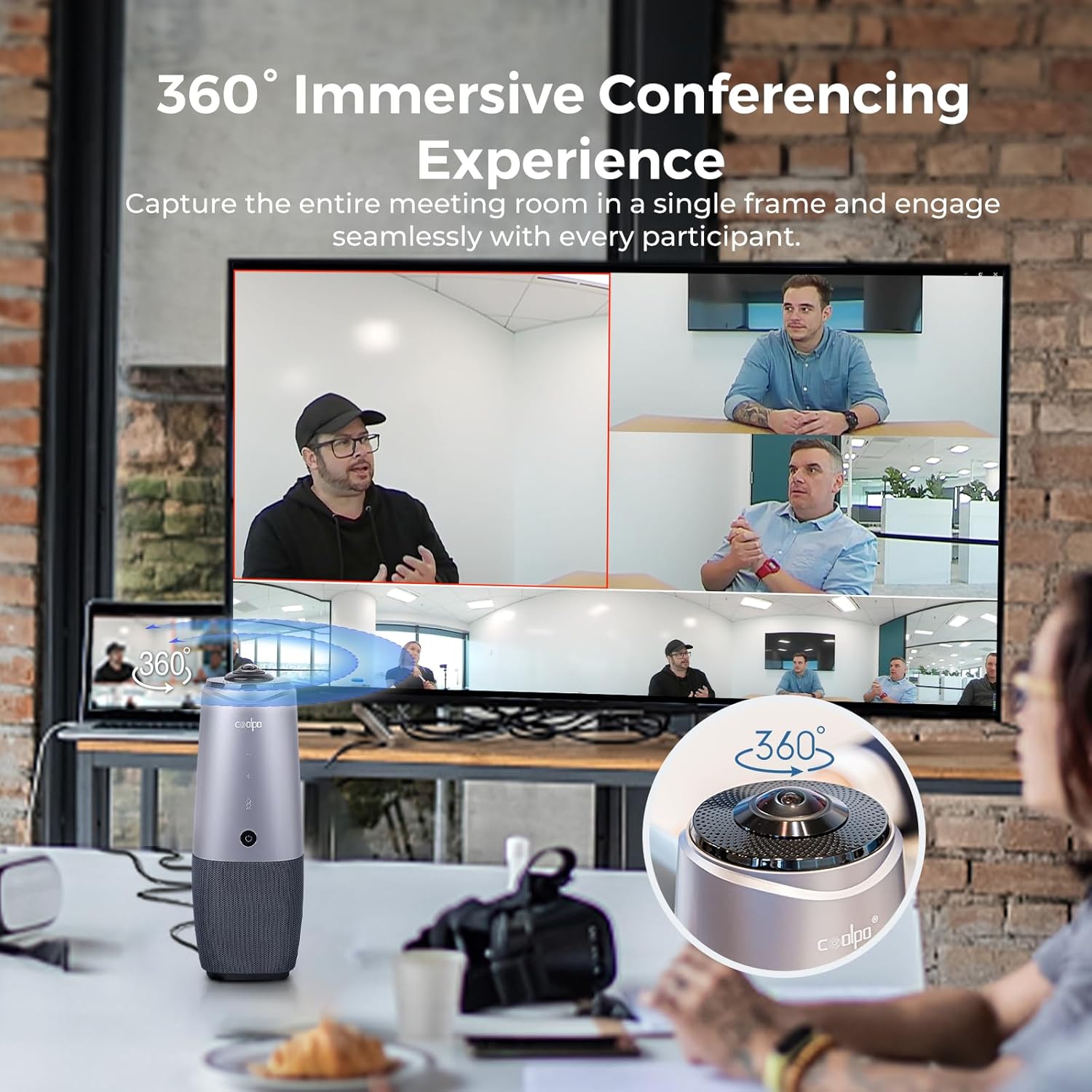 COOLPO PANA 360 Camera, 4K Webcam for PC, All-in-One Conference Room Camera System, Microphones & Speaker, AI Speaker Tracking, Hybrid Meeting for Teams, Zoom, Plug and Play 10ft USB Cable