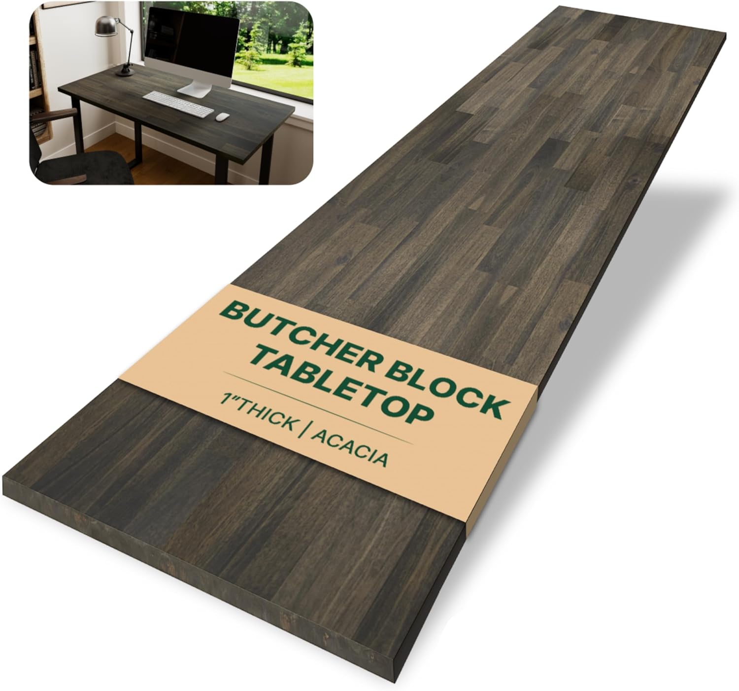 Howizz 60 x 25 in. Solid Wood Table Top, Mocha Stained Acacia Desktop for Standing Desk/Office Tabletop/Countertop, 1in. Thick