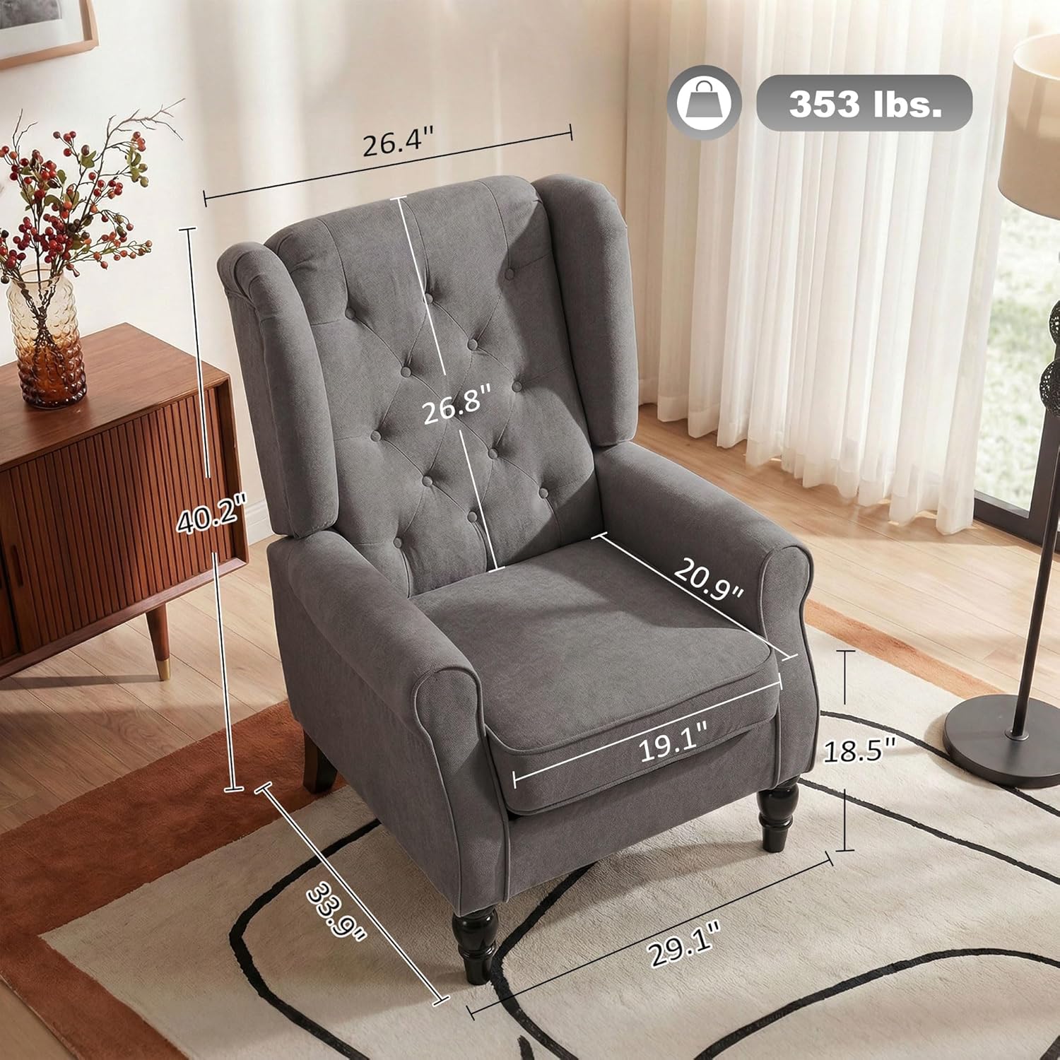 HOMCOM Mid-Century Modern Accent Chair, High Wingback Reading Chair, Button-Tufted Upholstered Fabric Armchair with Retro Wood Legs for Apartment, Living Room, Bedroom, Dark Gray