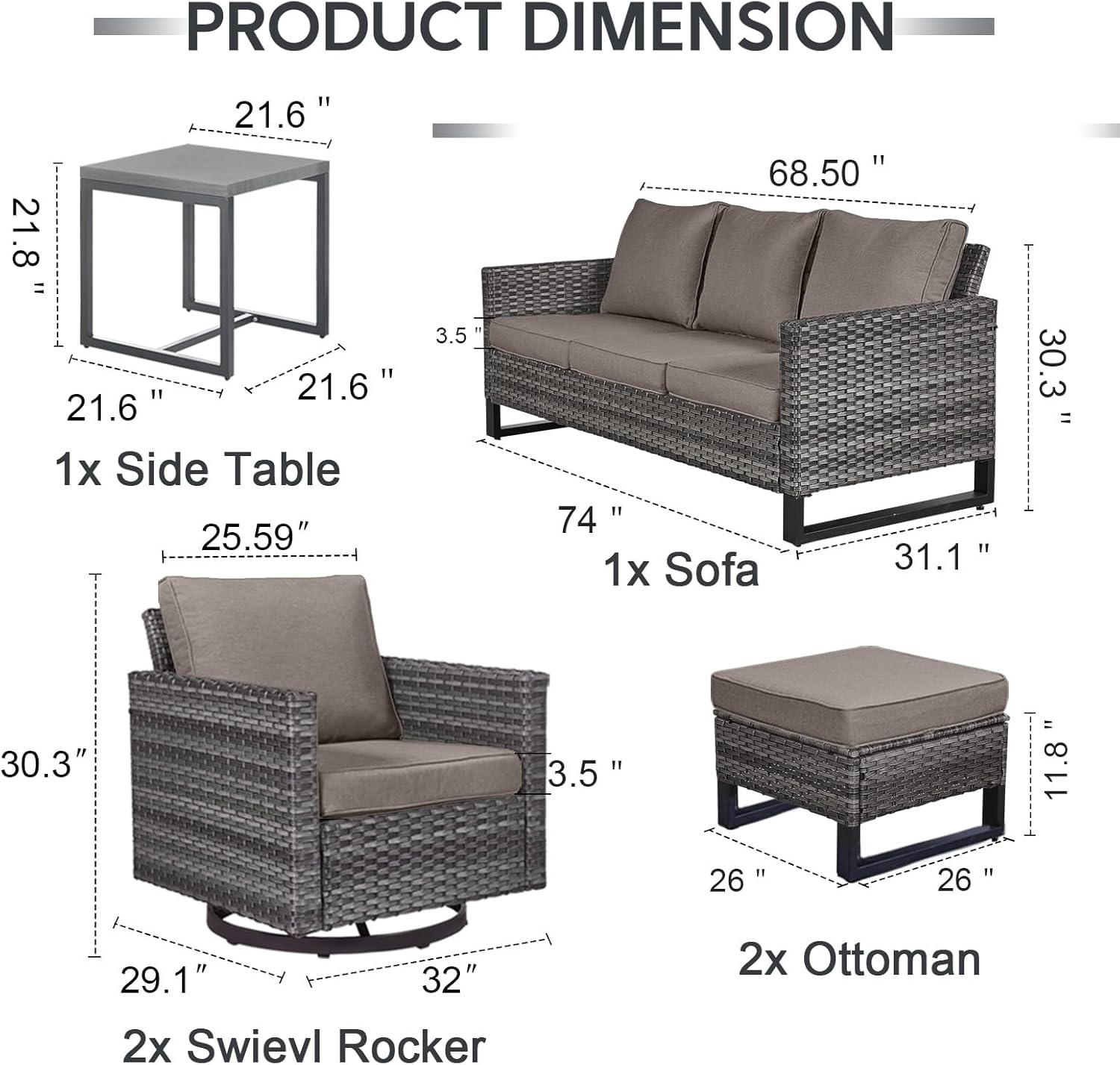 6 Piece Wicker Patio Furniture Set - Outdoor Swivel Rocker Chairs Set with Coffee Table, 3 Seat Sofa & Ottomans, Small Patio Conversation Sets Proch Furniture for Balcony Deck - Grey/Grey