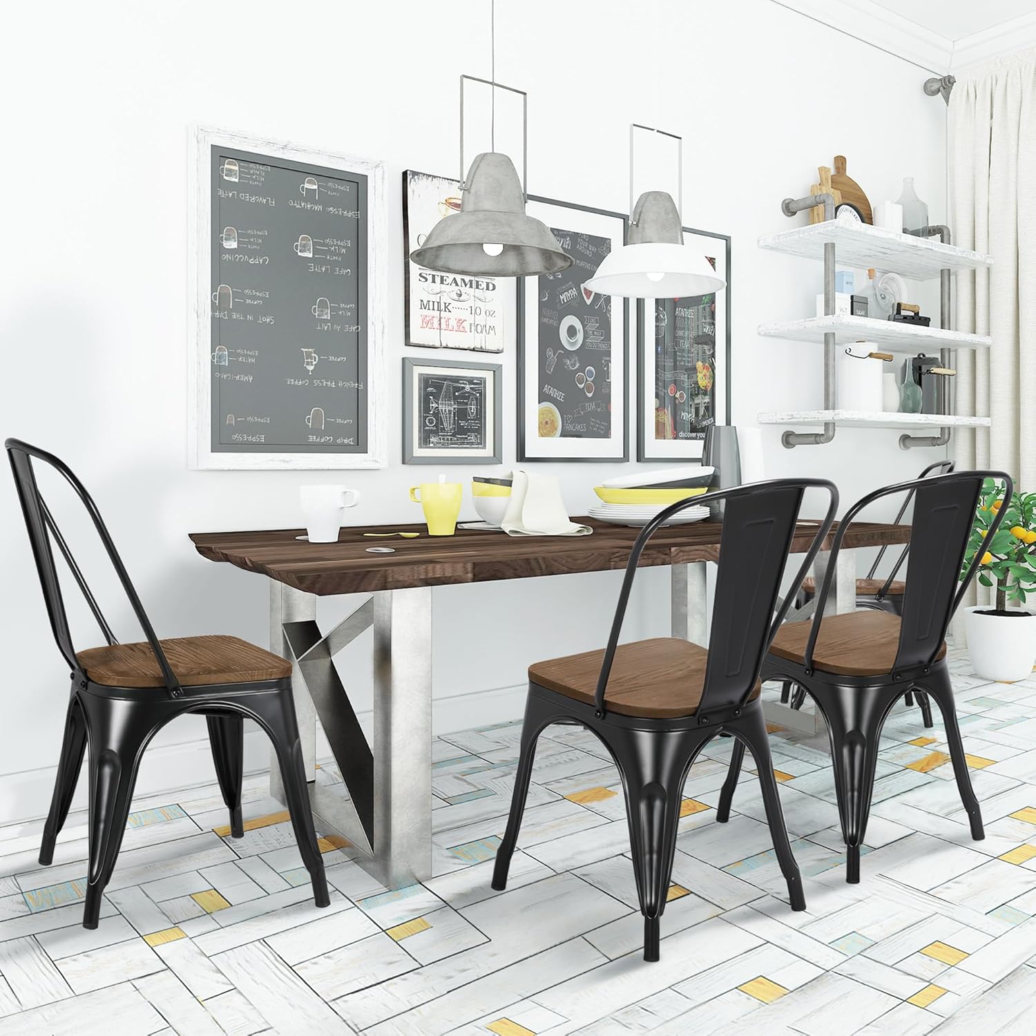 Yaheetech Metal Dining Chairs Set of 4, Industrial Stackable Kitchen Chairs with Wood Top Seat for Dining Room/Restaurant/Bistro/Patio, Indoor & Outdoor Use, Black