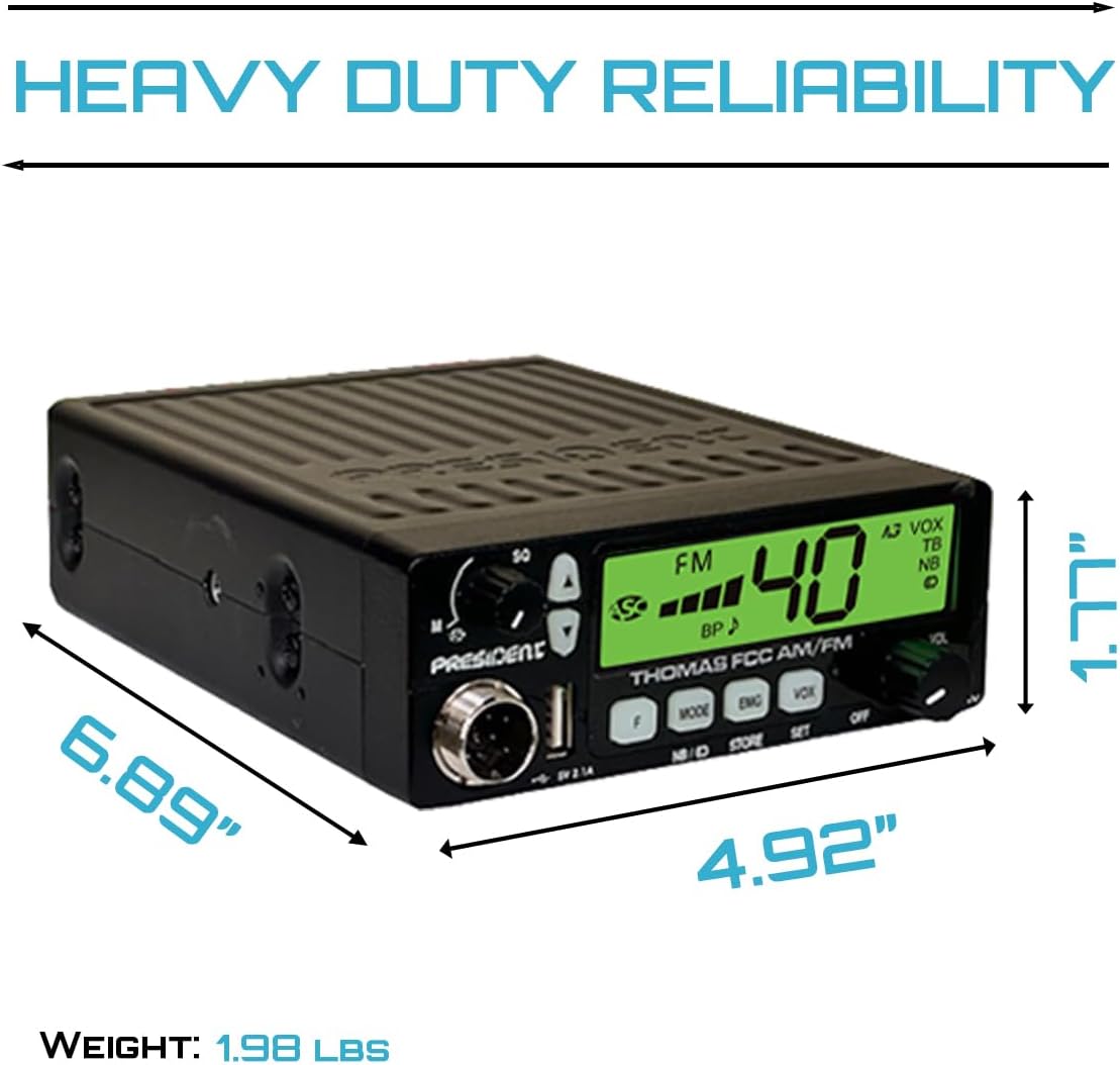 President Radio Heavy Duty (HD) Kit with Thomas FCC 40-Channel,12/24 Volt AM/FM CB Radio and Virginia F Magnet-Mount Antenna