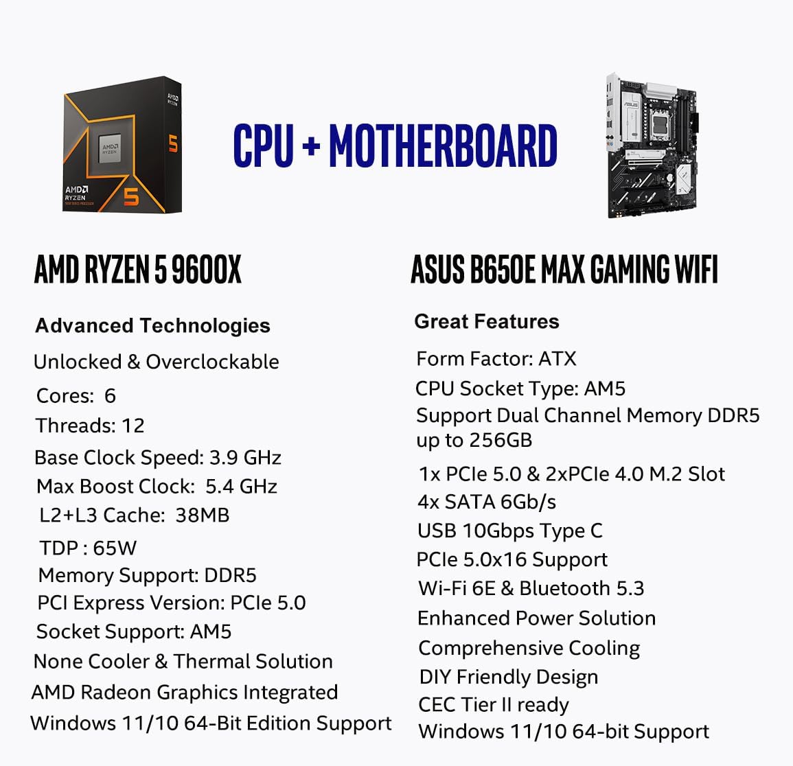MICRO CENTER AMD Ryzen 5 9600X CPU Processor Bundle with ASUS B650E MAX Gaming WiFi AM5 ATX Motherboard (DDR5, PCIe 5.0, 3X M.2, Wi-Fi 6E)