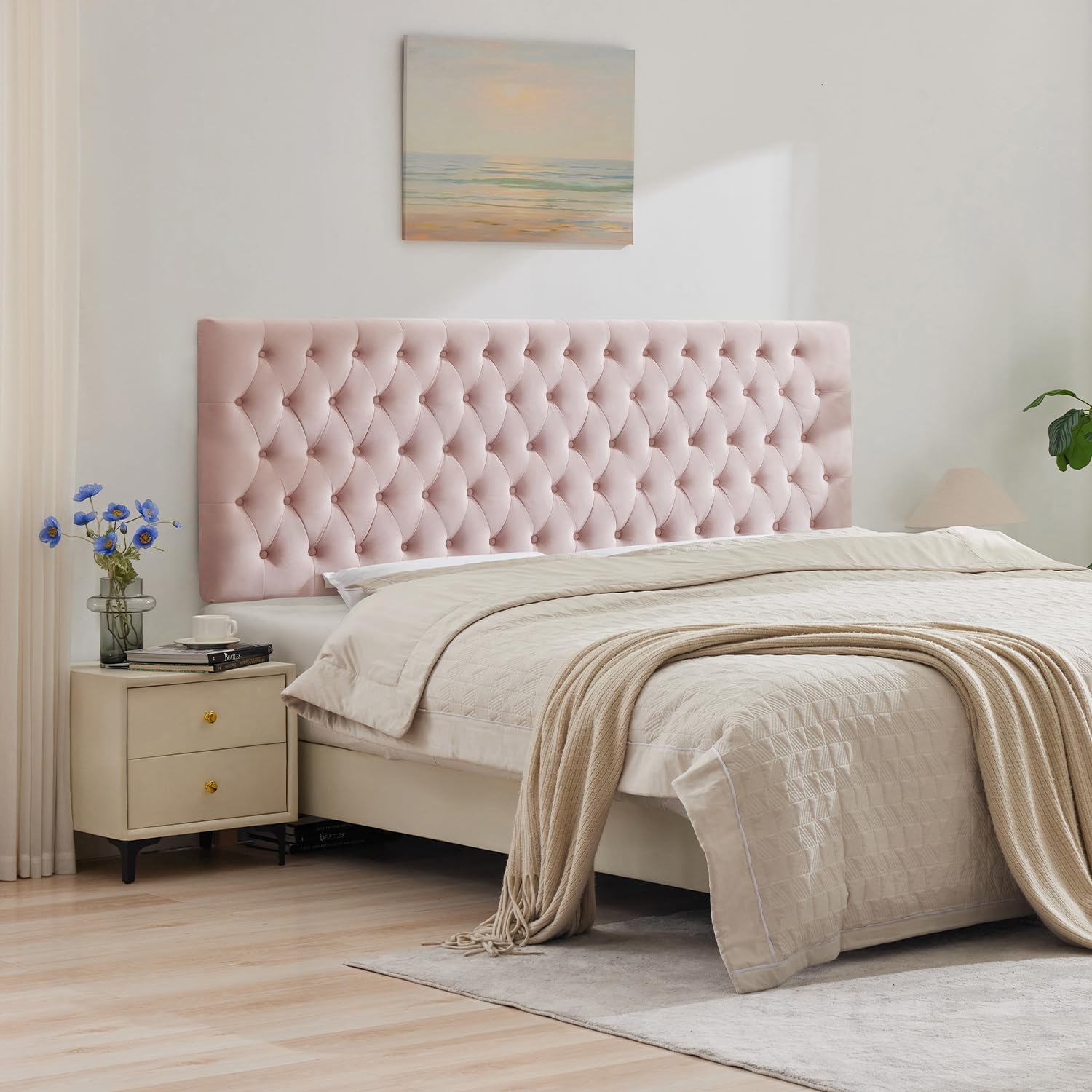 Kingfun Upholstered King Headboard Only, Premium Velvet Button Tufted Headboards, Adjustable Solid Wood Head Board, Padded Headboard with Solid Wood Legs in Bedroom (Pink)