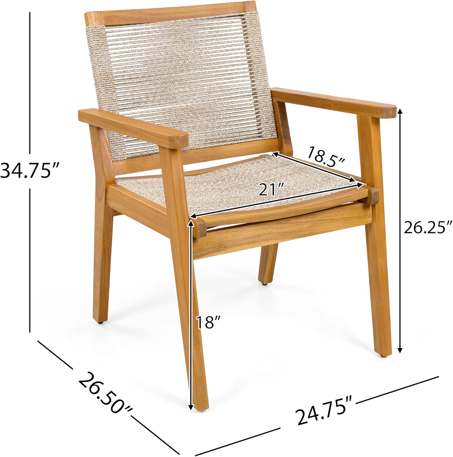 Christopher Knight Home Kita Acacia Wood Patio Dining Chairs Set of 2, Wooden Outdoor Dining Chair Set, Outdoor Kitchen Side Chair with Woven Rope, Teak+Dark Beige