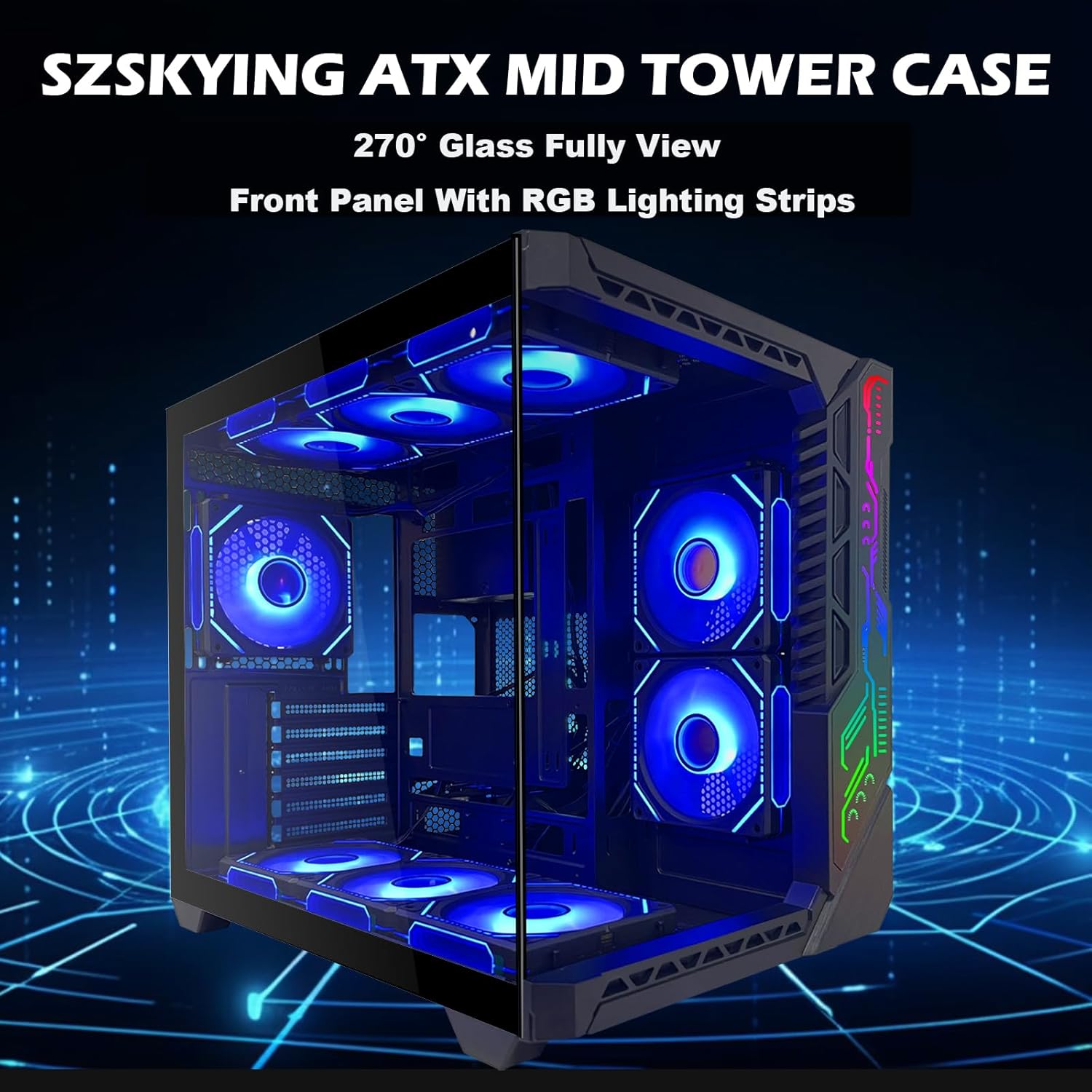 SZSKYING Mid-Tower Gaming ATX PC Case, 9 ARGB Fans with Remote, Tempered Glass, 360mm Radiator, Type-C, Black.