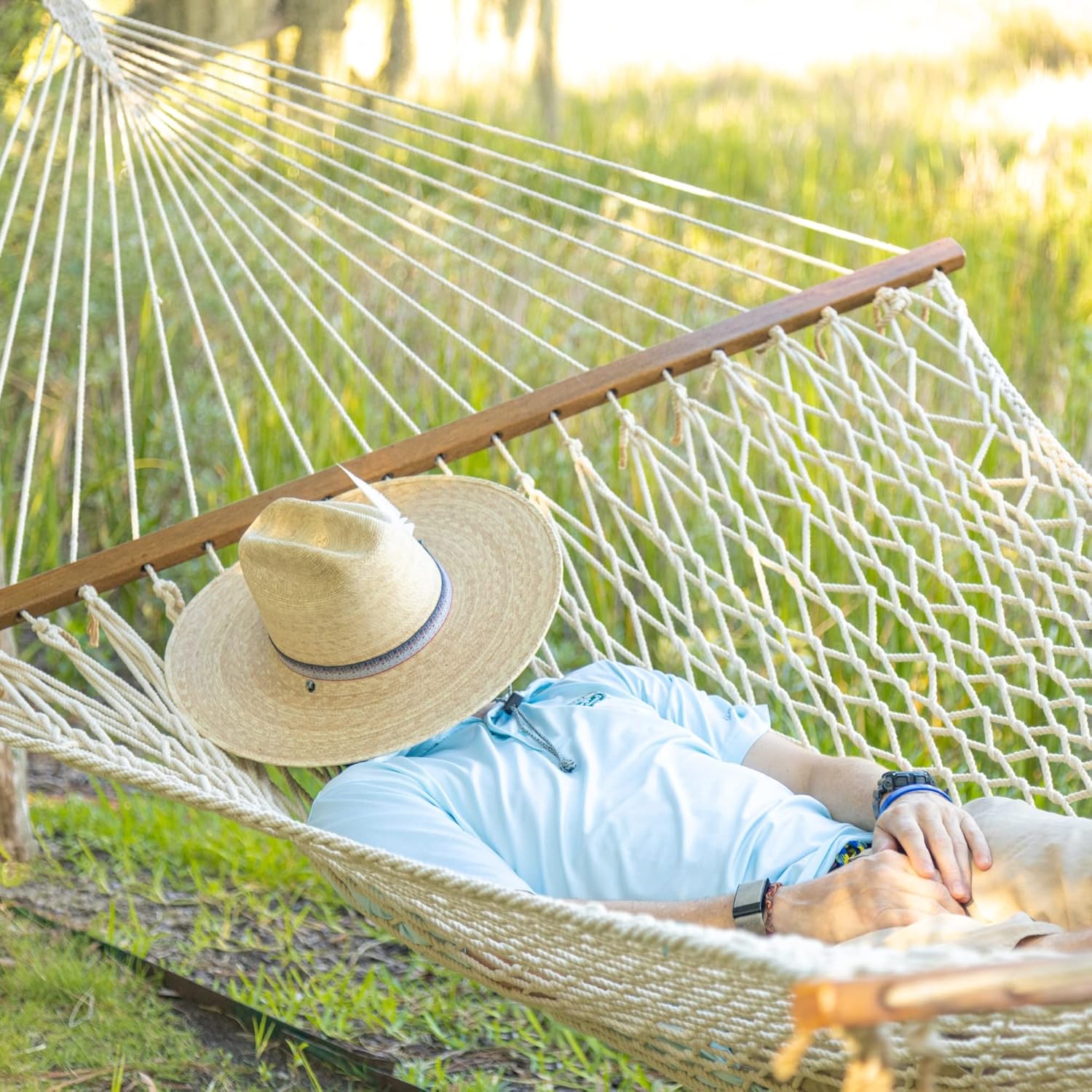 Castaway Living 13 ft. Double Traditional Hand Woven Cotton Rope Hammock – 2-Person, 450 lb Capacity, Free Extension Chains & Tree Hooks, Designed in The USA