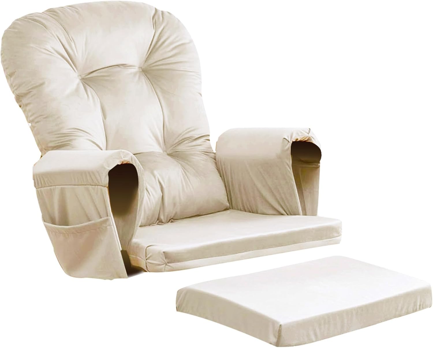 5PCS Glider Rocker Replacement Cushions Thick Soft Velvet Glider Cushions Replacement Set with Ottoman Cushion and Storage Pockets for Nursery Wooden Rocking Chair, Beige