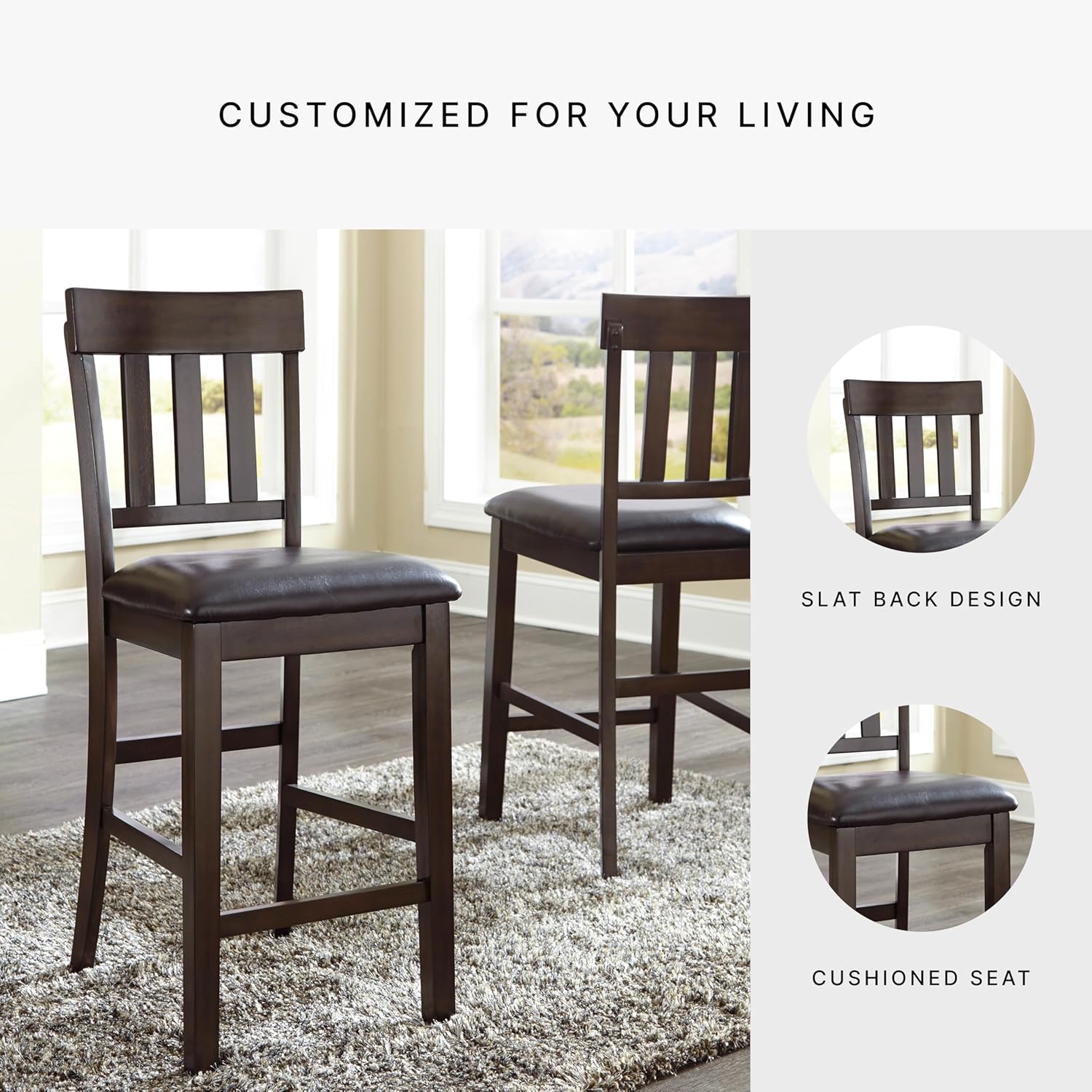 Signature Design by Ashley Haddigan Upholstered Barstool, 2 Count, Slat Back Design, Cushioned Seat, Wood, 25.5