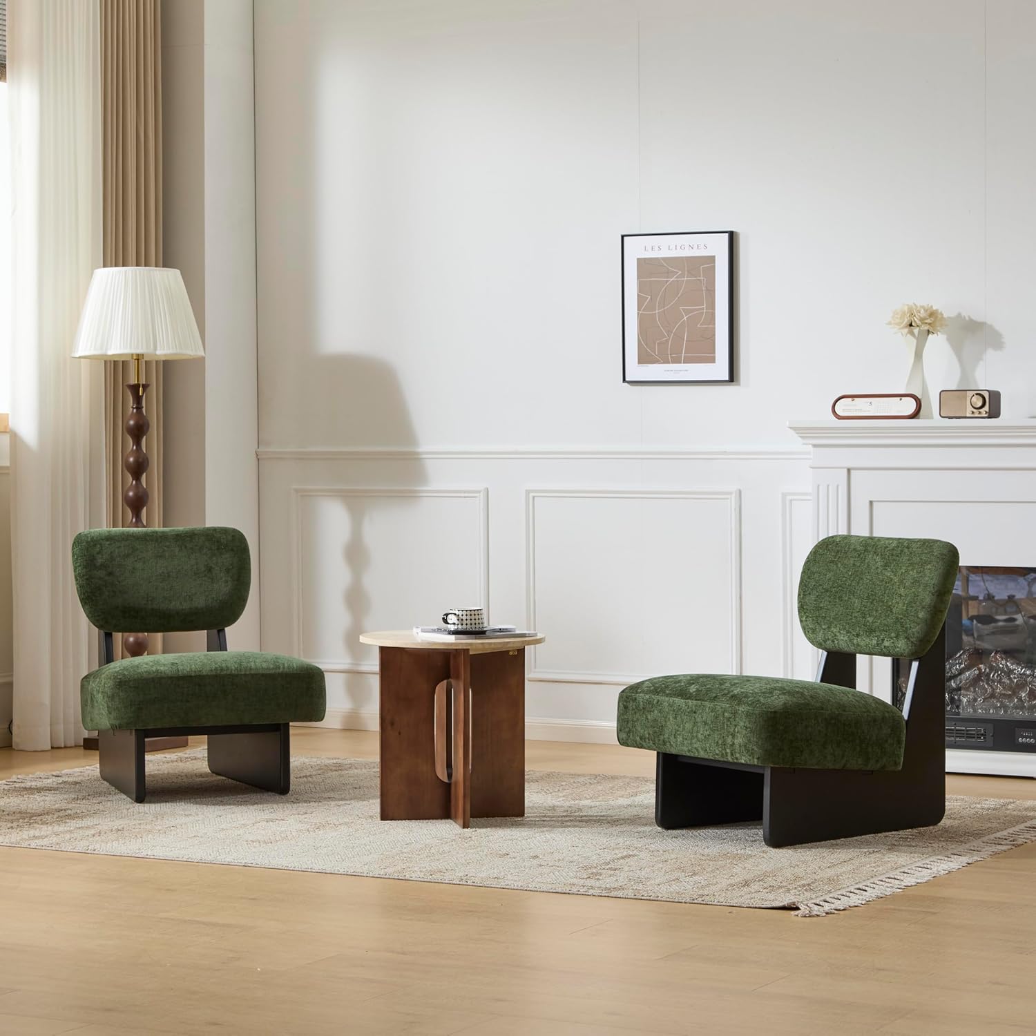 Christopher Knight Home Mores Low Profile Accent Chair Set of 2, Modern Living Room Armless Lounge Chair, Fabric Comfy Reading Chair for Bedroom, Wooden Frame and Thick Padded Seat, Black+Green