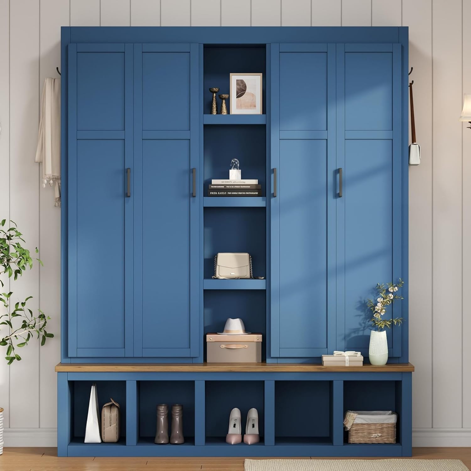 LUMISOL 4-in-1Wide Hall Tree with Wood Grain Bench and 8 Open Compartments, Farmhouse Style Entryway Bench with Storage Unit and 6 Hooks, 62.9