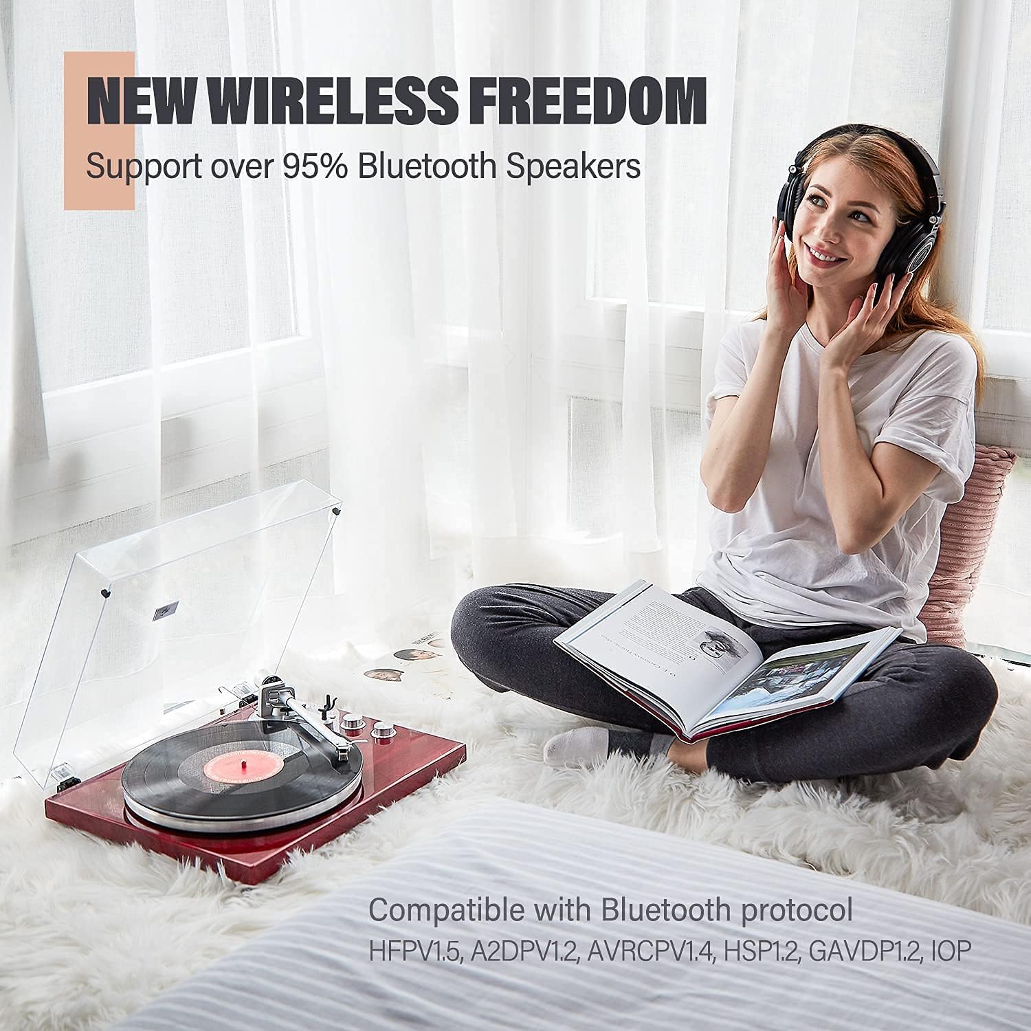 1 BY ONE Belt Drive Turntable with Bluetooth Connectivity, Built-in Phono Pre-amp, USB Digital Output Vinyl Stereo Record Player with Magnetic Cartridge, 33 or 45 RPM