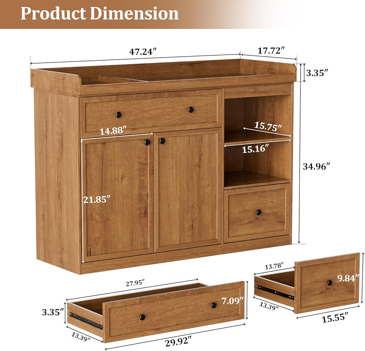 Wide Changing Table with 2 Doors, 2 Different Size Drawer&Storage Cubbies, Durable Wood Construction, Built-in Shelves for Ample Storage (Natural)