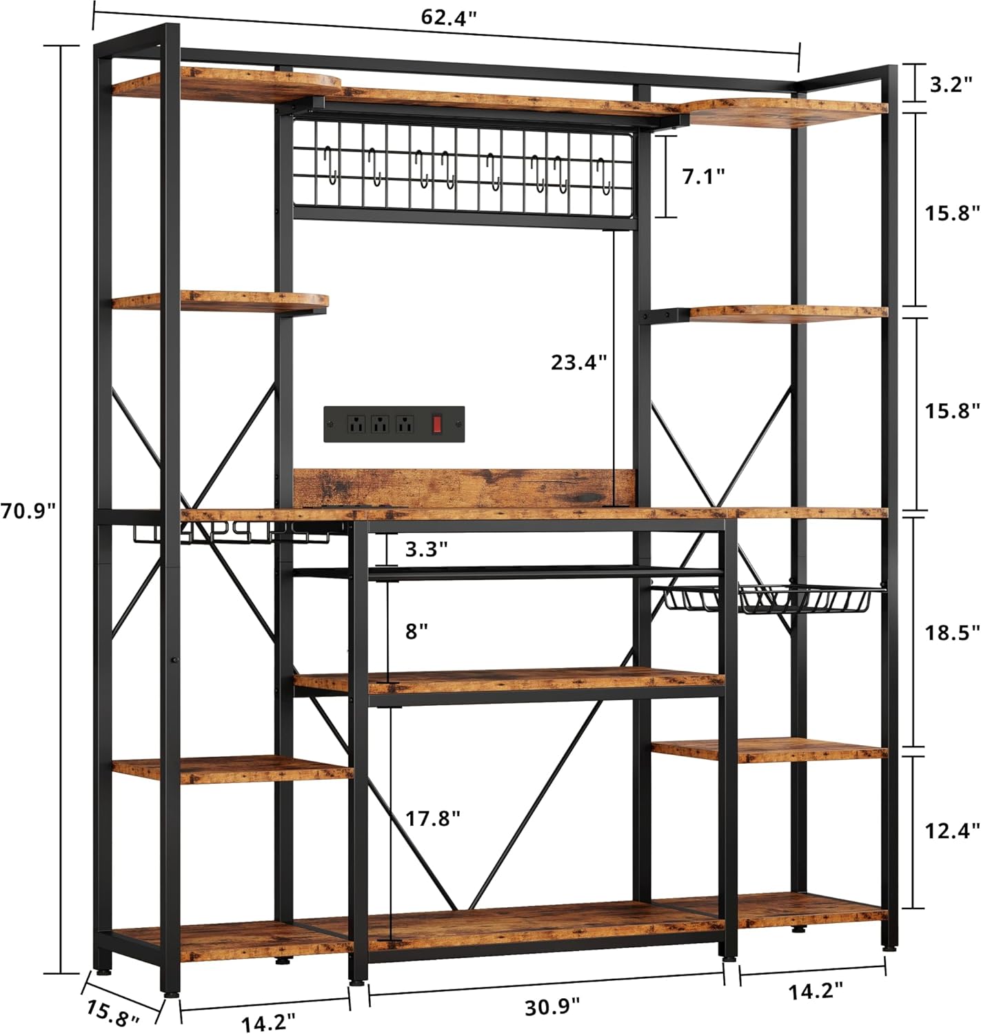 IRONCK Large Bakers Rack with Power Outlet, 62 Inch Wide Microwave Stand, Coffee Bar with Storage, Kitchen Racks and Shelves, Vintage Brown