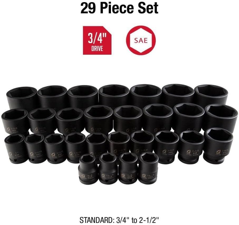 SUNEX TOOLS 4696 3/4-Inch Drive SAE Master Impact Socket Set, Standard, 6-Point, Cr-Mo, 3/4-Inch - 2-7/17-Inch, 29-Piece