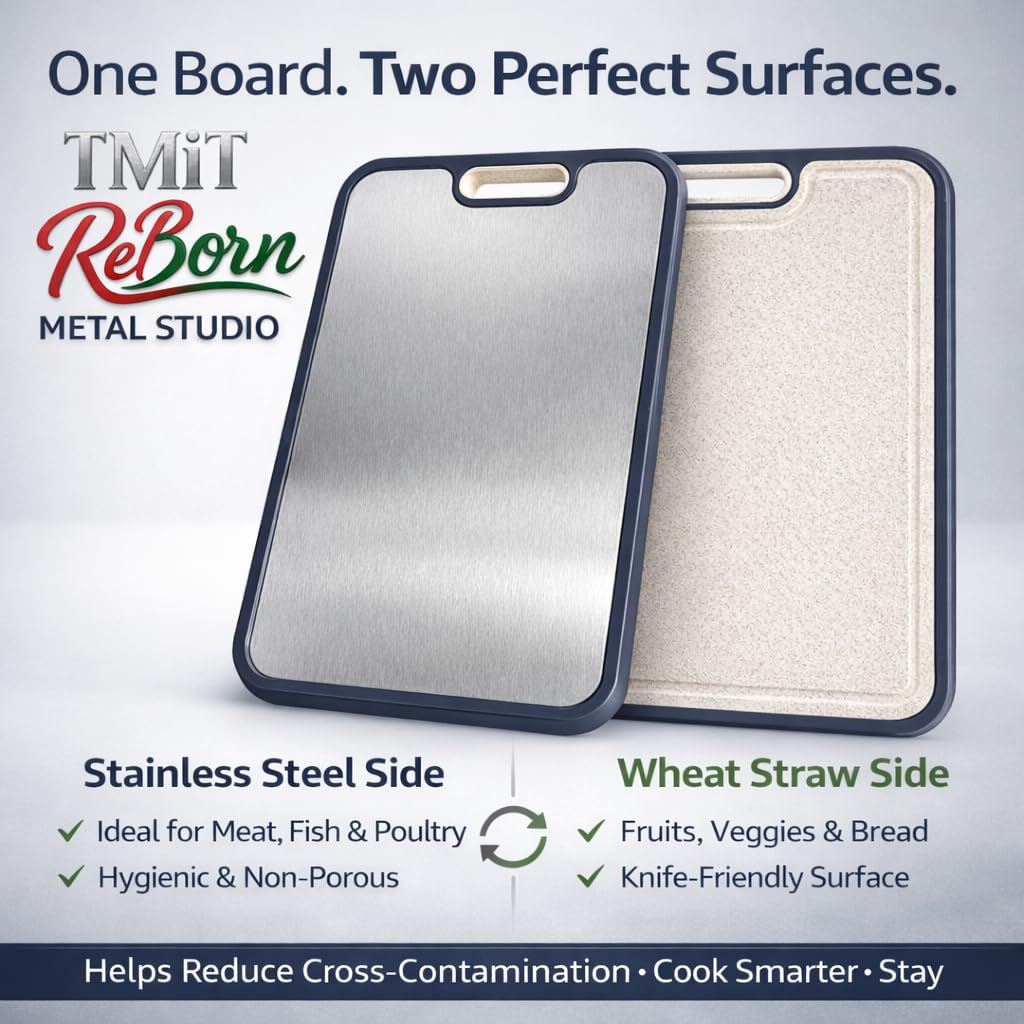 Stainless Steel Cutting Board 16 x 11 Inch, Double Sided Chopping Board with Wheat Straw Back, Vegetables & Fruit
