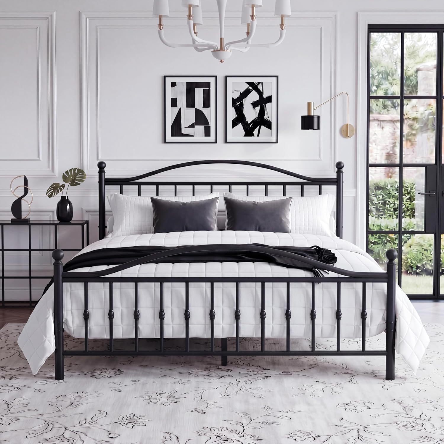 Garvee Queen Size Metal Bed Frame, Vintage Circular Headboard & Footboard, Heavy-Duty Iron Platform Bed (No Box Spring), Noise-Free Design, Easy Assembly, Black Finish