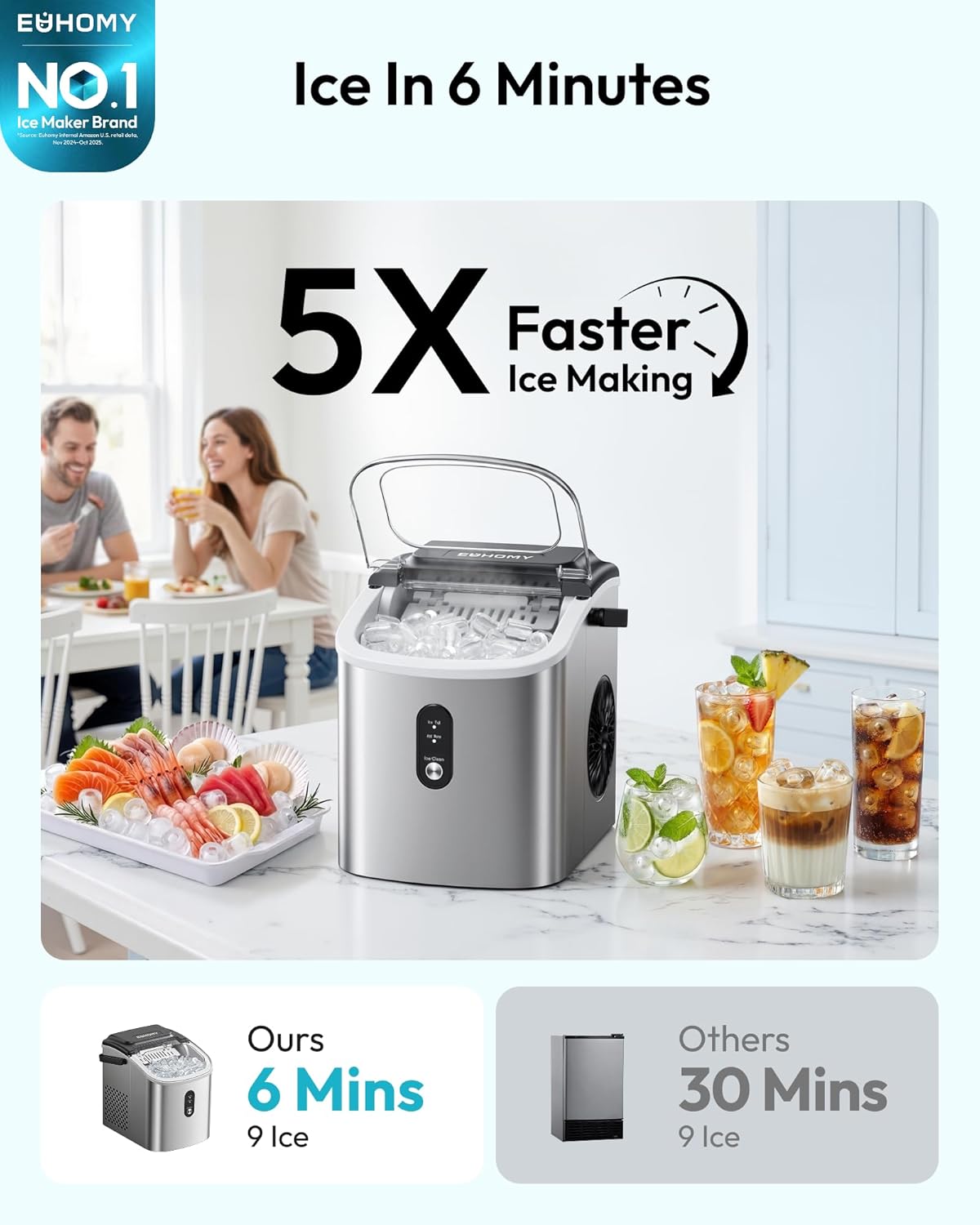 EUHOMY Ice Maker Countertop, Portable Ice Machine with Carry Handle, 26.5lbs Per Day, 9 Cubes in 6 Mins, Auto-Cleaning, with Basket and Scoop, for Home, Kitchen, Camping, RV (Silver)
