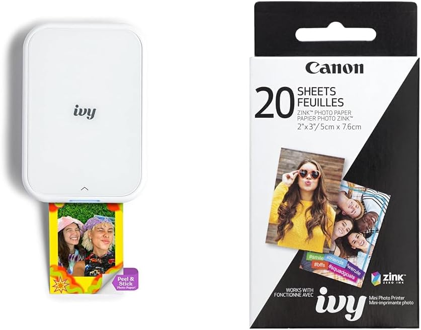 Canon Ivy 2 Mini Photo Printer, Print from Compatible iOS & Android Devices, Sticky-Back Prints, Pure White Zink Photo Paper Pack (20 Sheets)