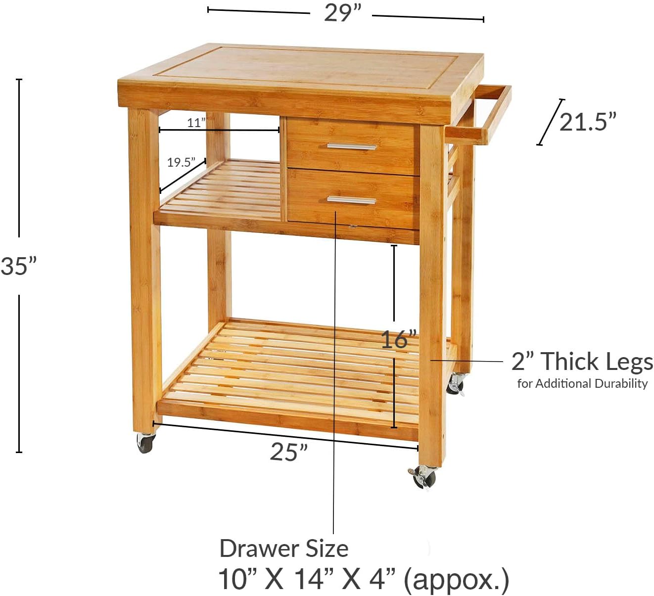 Rolling Kitchen Island Cart with Drawers Shelves, Towel Rack, Locking Casters, Butcher Block Food Prepping Cart Trolley on Wheels, Bamboo Wood