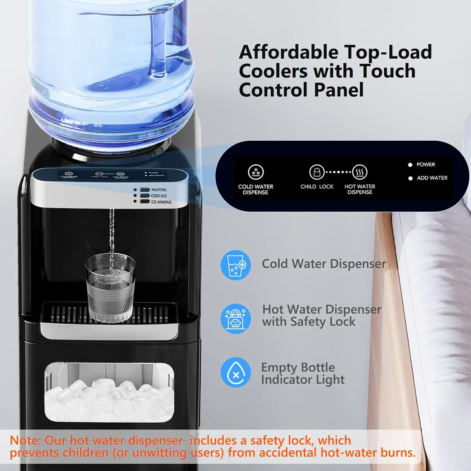 Top Loading Water Dispenser with Ice Maker, Hot & Cold, 5 Gallon, Child Lock, Black
