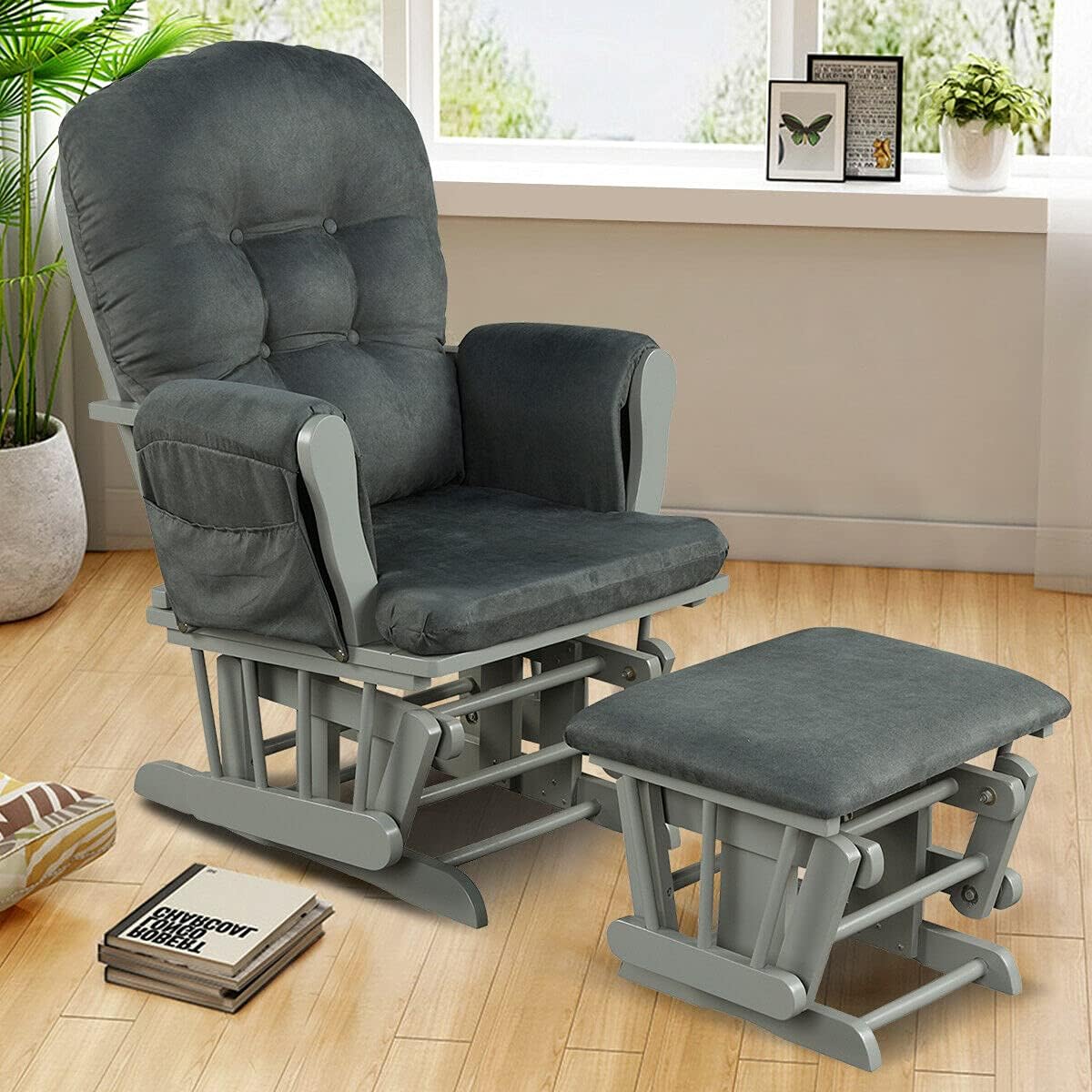 Caraya Modern Style Rocking Glider Wood Chair with Ottoman Cushion Set Sturdy Stable for Living Room, Bedroom, Nursery Dark Grey