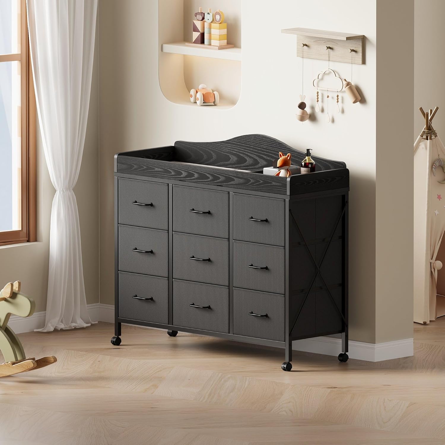 YeTom Baby Changing Table with 9 Fabric Boxes, Waterproof Diaper Changing Station & Pad, Mobile Nursery Diaper Changing Table, Baby Furniture, Black