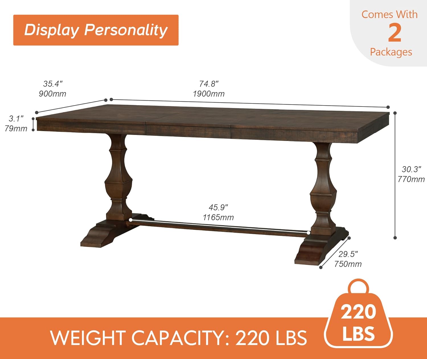 WAMPAT 74.8-inch Long Vintage Farmhouse Dining Table for 6-8 People,Sturdy Wooden Frame,Weathered Textured Tabletop,Solid Wood Double Pedestal Legs with T-Shaped Feet,Non-Extendable,Dark Walnut Brown
