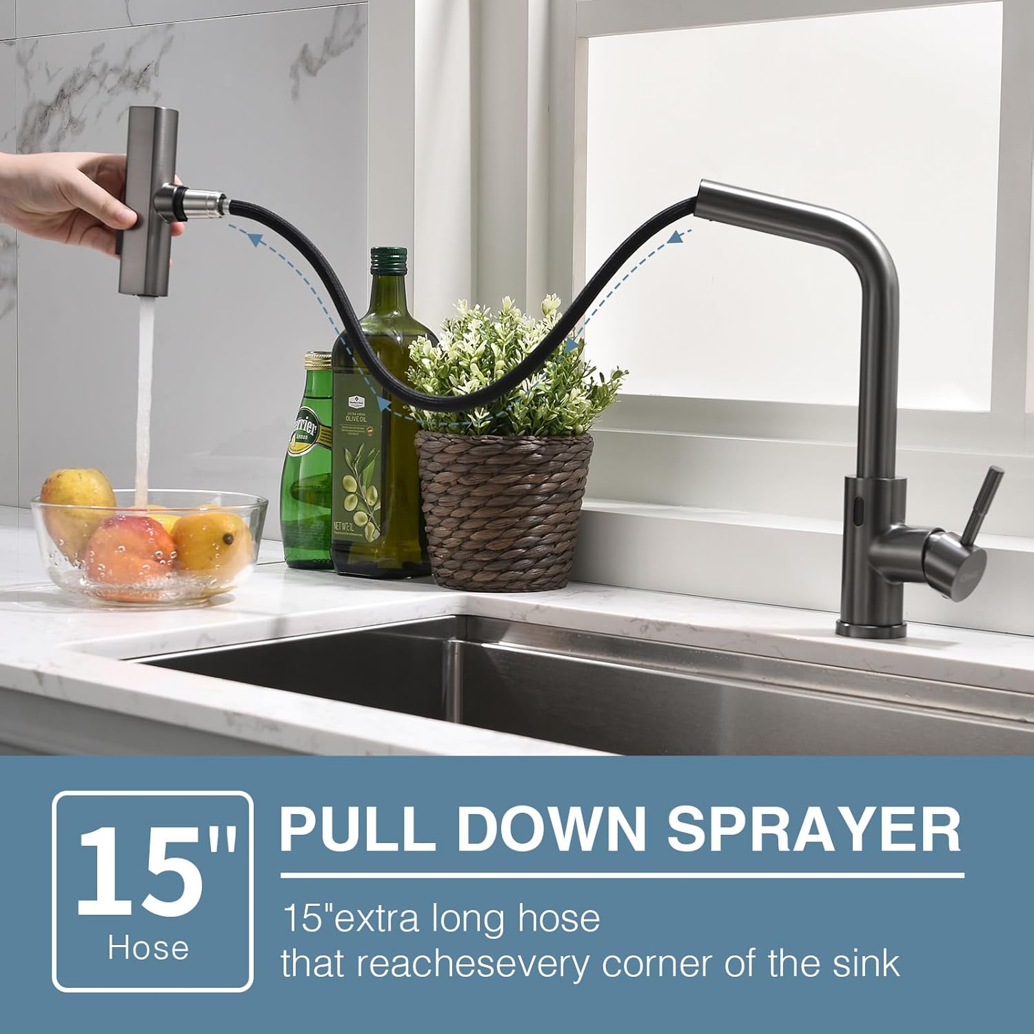 GIMILI Black Stainless Touchless Kitchen Faucet with Pull Down Sprayer, 15” Hight Single Hole Handle Kitchen Sink Faucets