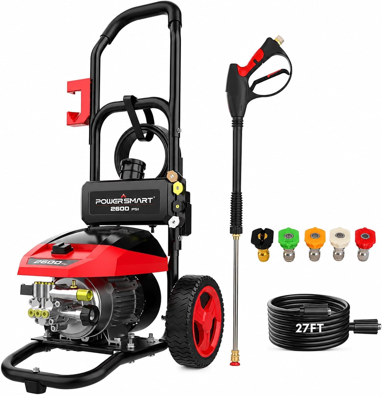 PowerSmart 3000 PSI Max Electric Pressure Washer-1.2 GPM Brushless Motor Power Washer with 5 Nozzles, GFCI Protection, 8” Wheels and Soap Tank, for Car, Patio, Fence, Driveway Cleaning