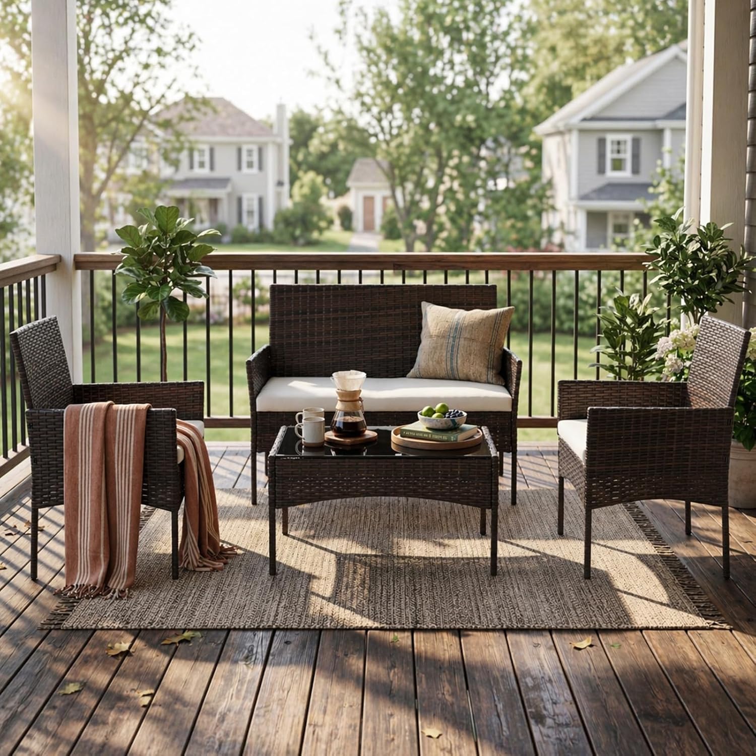 Sweetcrispy 4-Piece Patio Furniture Set, Weather-Resistant PE Rattan Wicker Outdoor Conversation Set with Tempered Glass Tabletop, Durable Outdoor Seating for Garden, Backyard, Porch, Deck, Brown